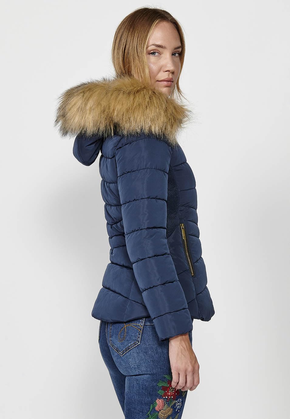 Koroshi NAVY - Giacca imbottita con cappuccio e colletto in pelliccia sintetica con chiusura frontale e cerniera, da donna