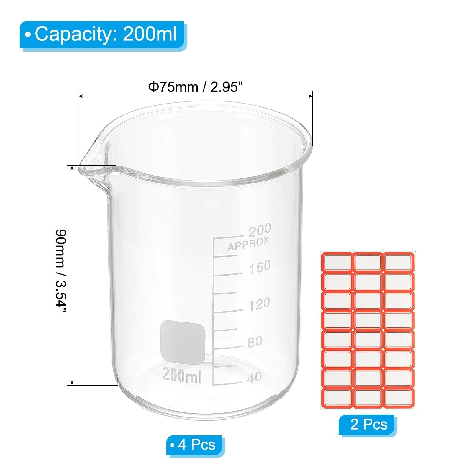 Zlewka laboratoryjna, Zlewka ze szkła borokrzemowego o pojemności 5 ml, 4 opakowania z podziałką, miarka laboratoryjna(200ml)