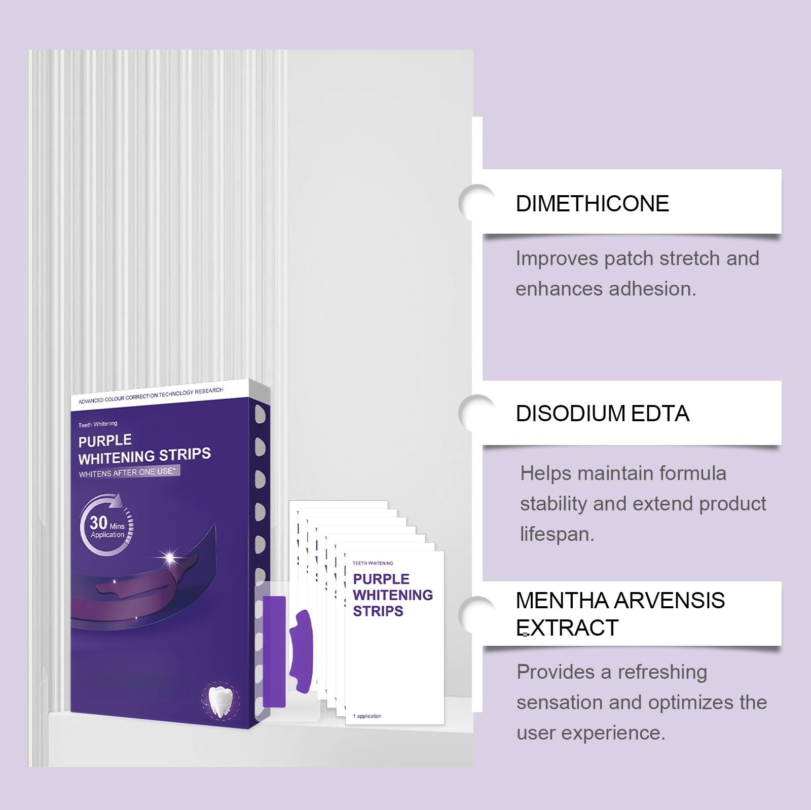 Purple Shine - Strisce sbiancanti per capelli, 7 paia, 14 strisce, formula delicata per i denti, denti puliti e lucidi, alito fresco, pratico