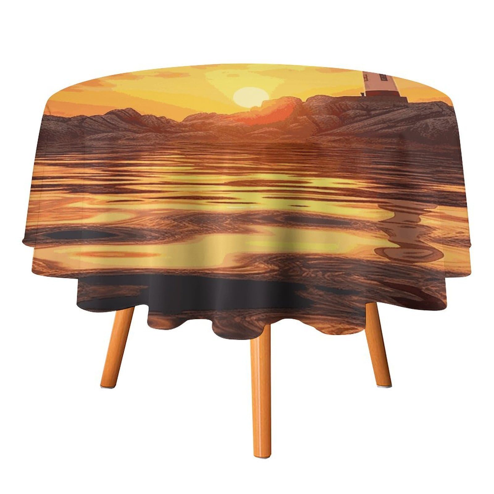 SMAZDFXX Sea Lighthouse in Sunset Tablecloth for Restaurant, Round Polyester Table Cover 50x50in for Party