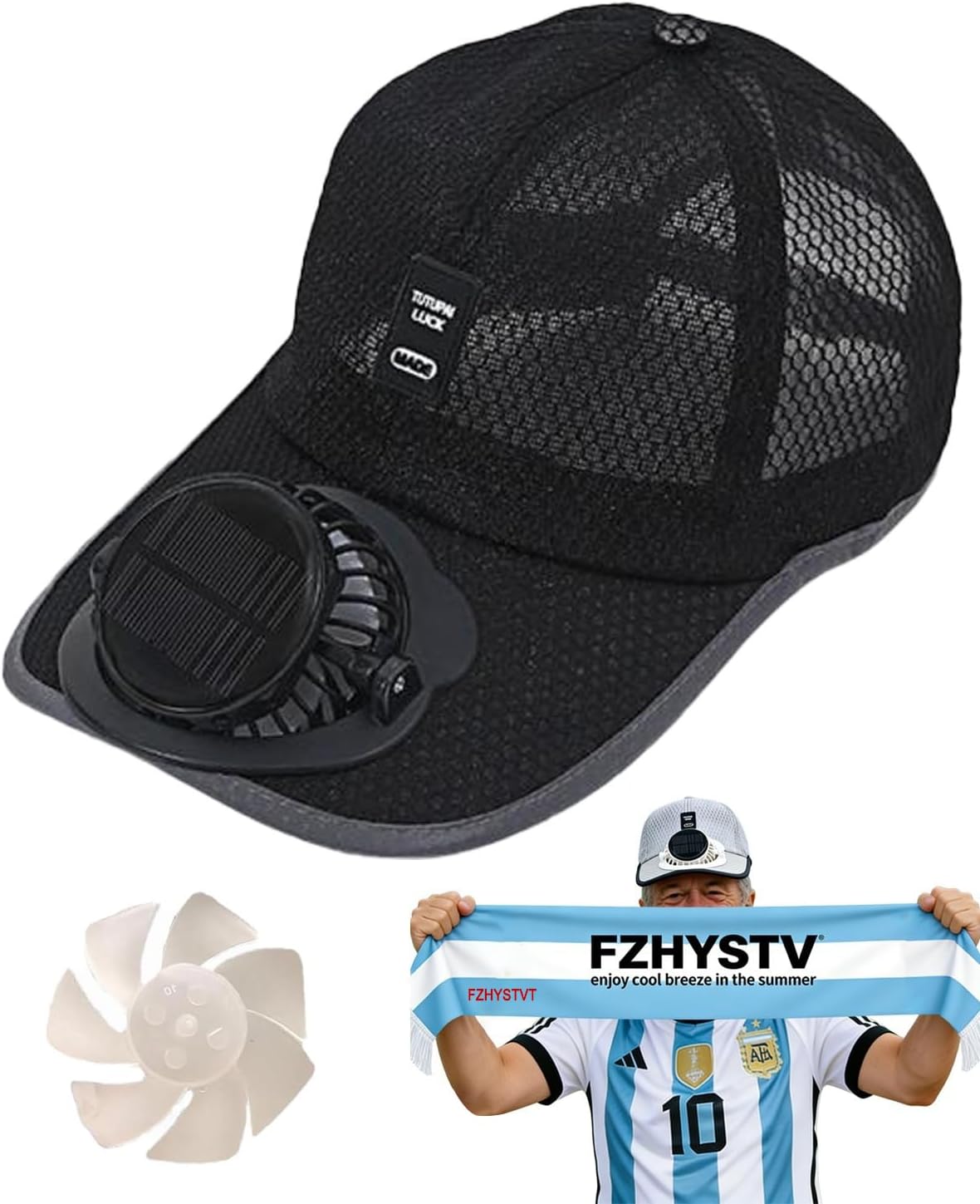 Solar Rechargeable Peak Cap, 3-Speed Quiet Fan Mesh Sun Hat Solar/Type-C Charging