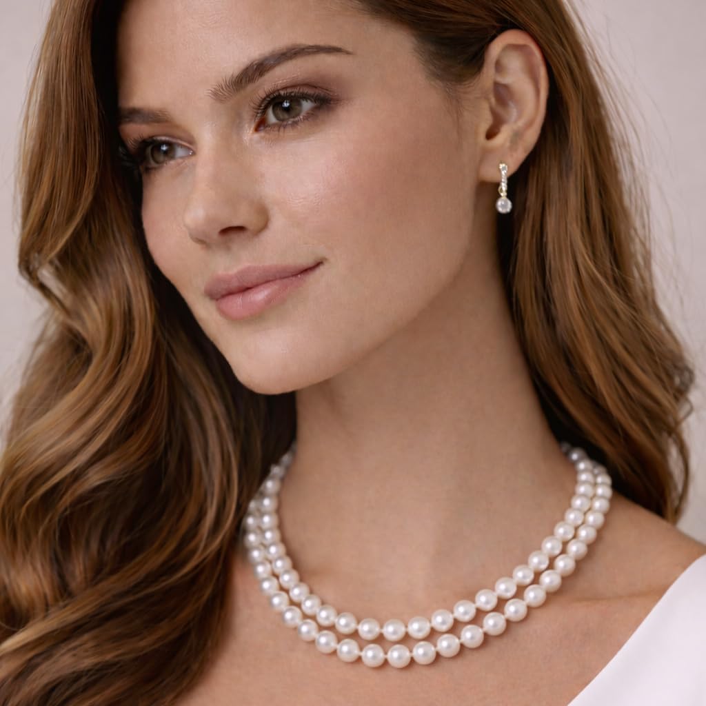 The Pearl Source Freshwater Pearl Double Strand Necklace for Women, White Cultured Pearl, 18 inch Princess Length, AAA Grade, Sterling Silver, Classic Fine Jewelry Gift for Women