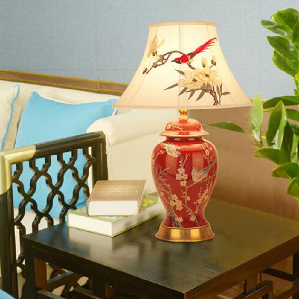 Mengjay Ceramica Lampada da scrivania,Luce da Scrivania in Tessuto,Lampada da scrivania in Ceramica Lampada da Tavolo Vintage,E27 Lampada comodino per camera da letto, studio (Rosso)