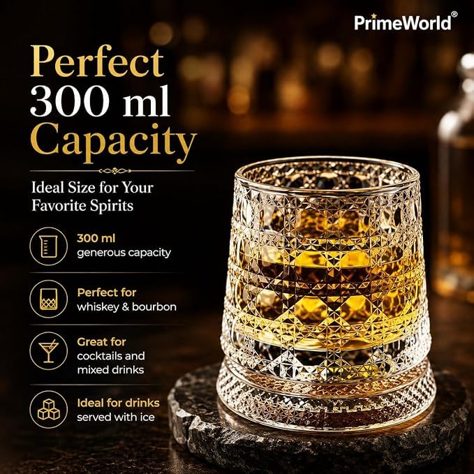 Image of PrimeWorld Diamond Dancing Whiskey Glasses - Set of 6 | 300ml 360 Rotating & Spinning Old Fashioned Tumblers | Diamond Cut Crystal Clear Bar Glasses for Whiskey, Bourbon, Scotch, Brandy & Cocktails