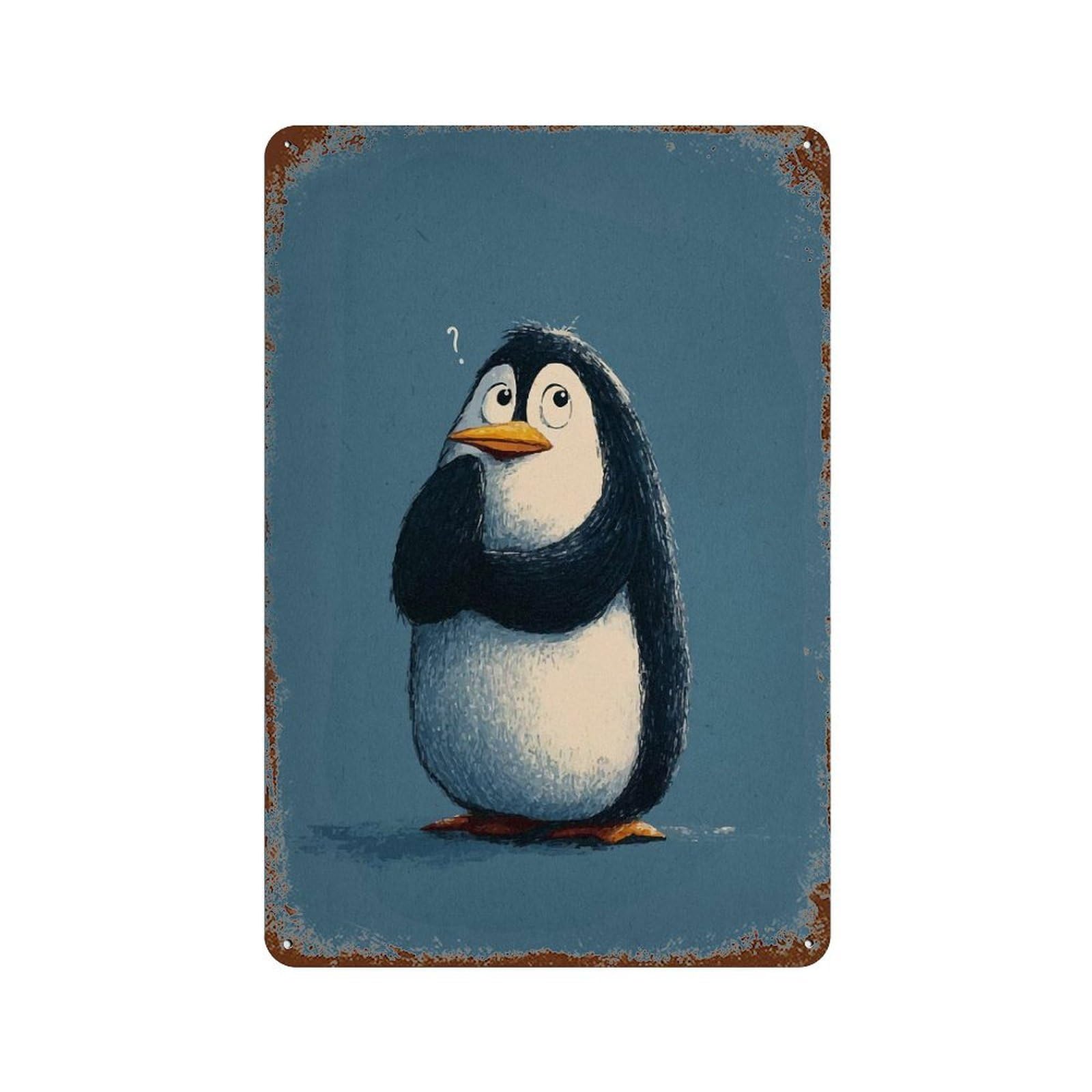 Pensive Penguin Illustration Aged Metal Wall Plaque 11.8"x7.9", Industrial Home Decor for Garage, Pub Or Kitchen