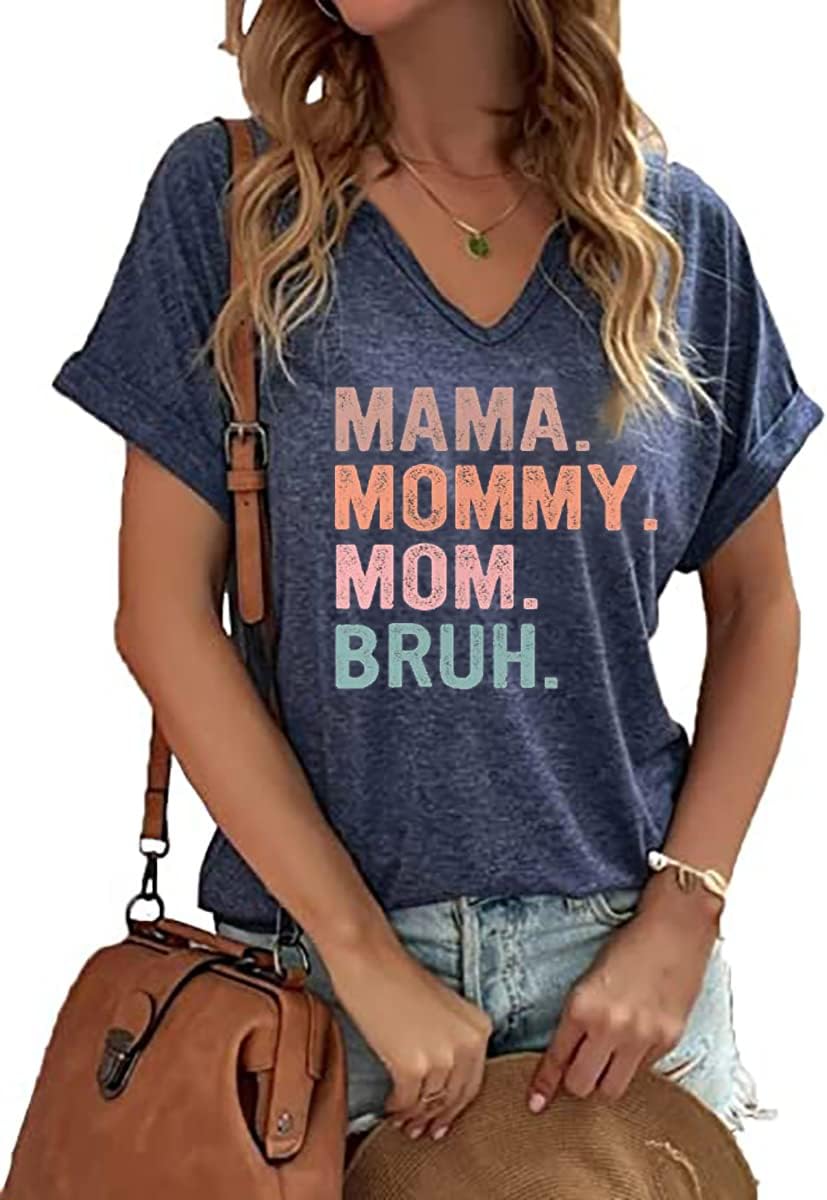 Mama Mommy Mom Bruh Tshirt Women Casual V-Neck Short Sleeve Tee Tops Funny Mom Shirt Mama Life T-Shirt - Image 2