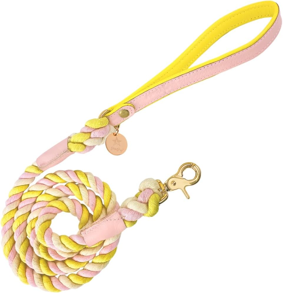 POISEPUP 5ft Braided Cotton Rope Leash with Soft Padded Genuine Leather Handle for Dogs - Handmade Comfort & Cute - Pink | Green