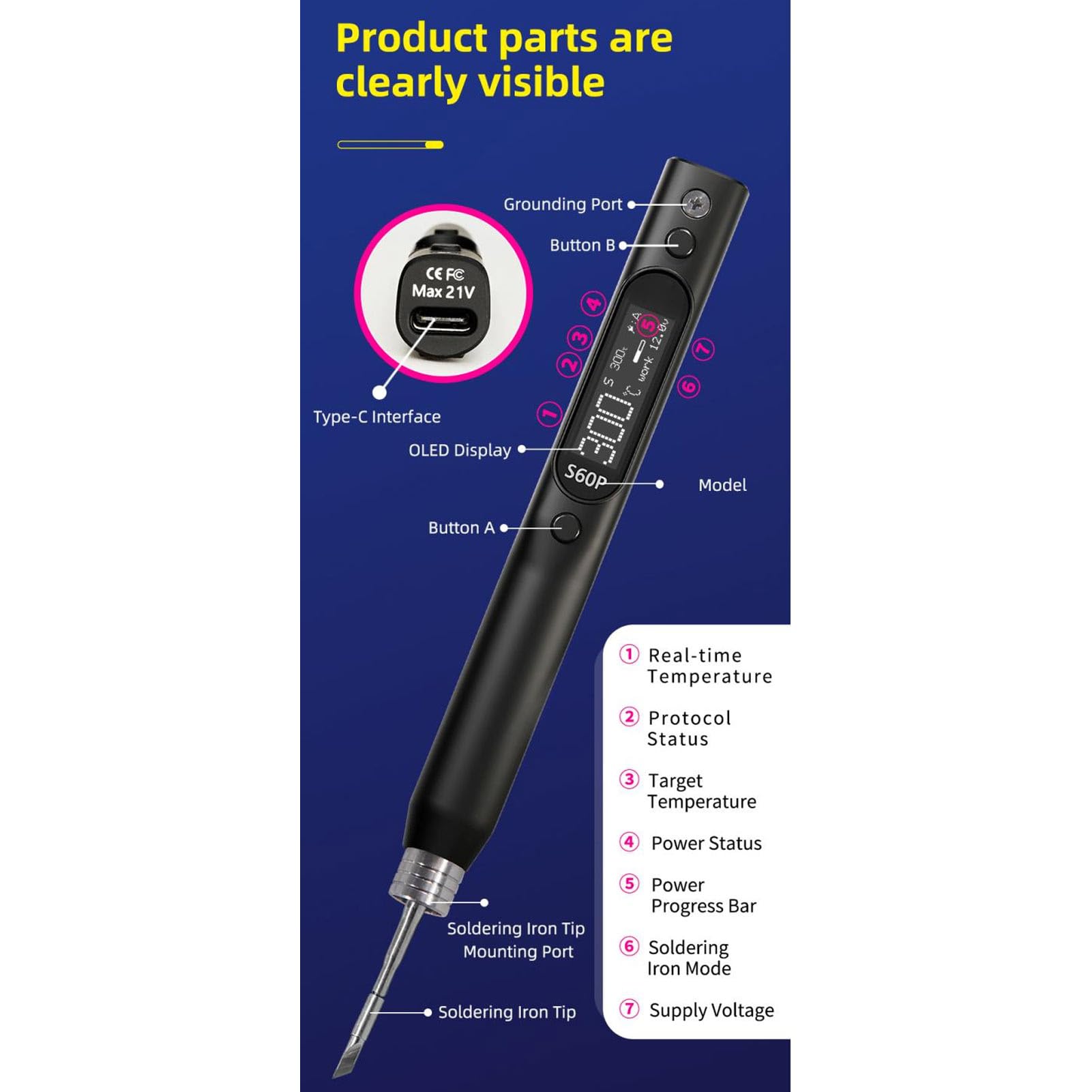 Fafeicy Lutownica USB z Wyświetlaczem OLED Mini Elektryczne Narzędzie do Spawania z regulacją Temperatury do 932 ° F 60W, do Naprawy Płytek Drukowanych i Projektów DIY