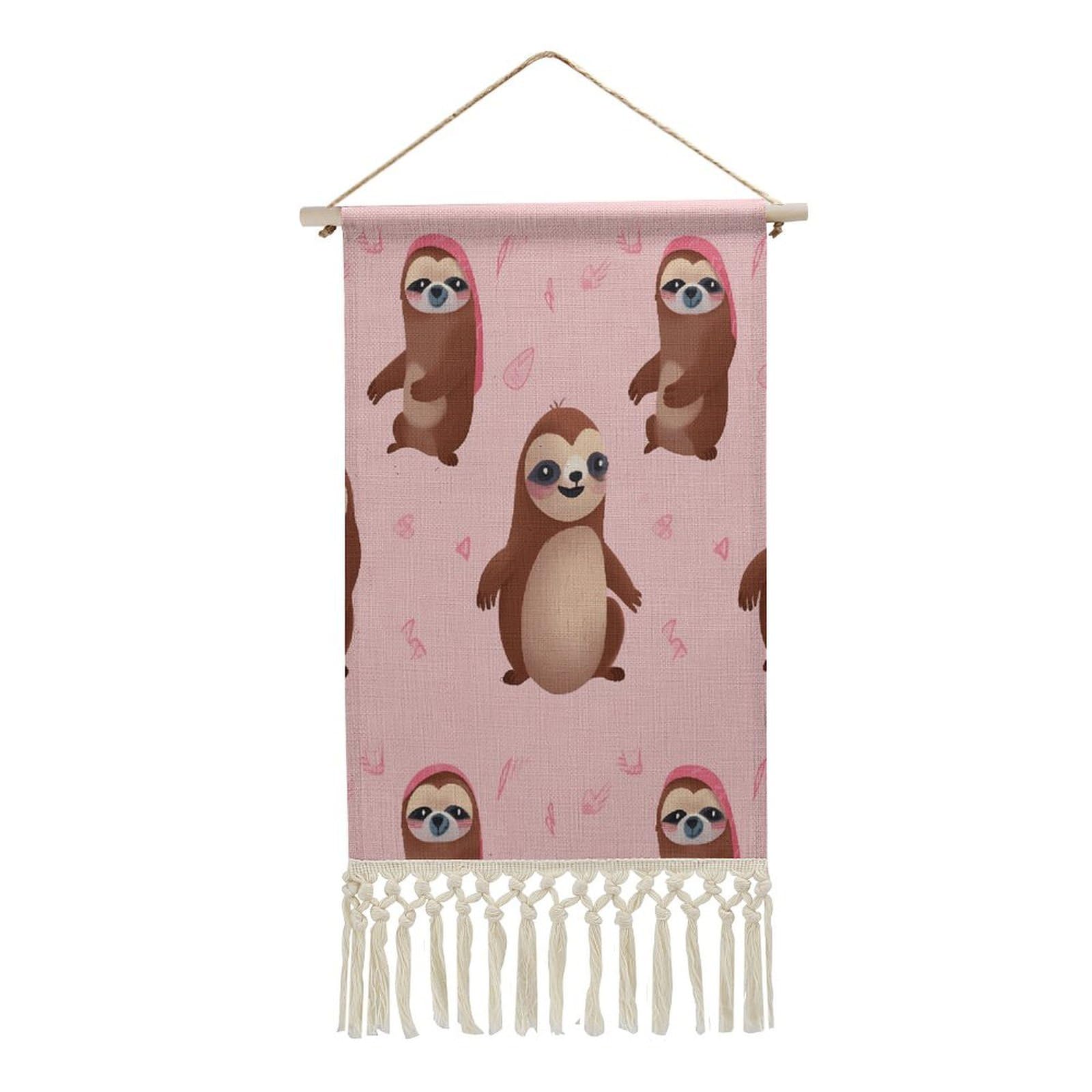 Adfgyerh Style Sloth-Pink Tapestry With Tassels Cotton And Linen Hanging Posters, Wall Art For Travel Gift, Wall Tapestry For Office Home Decor Bedroom Living Room Decor