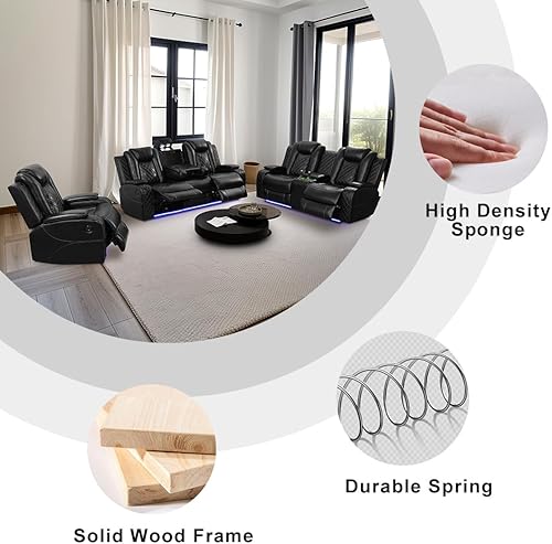 Miniatura 6 de Juego de sofás reclinables eléctricos, juegos de muebles de sala de estar, sofá reclinable eléctrico moderno negro, sofá biplaza y silla con Negro