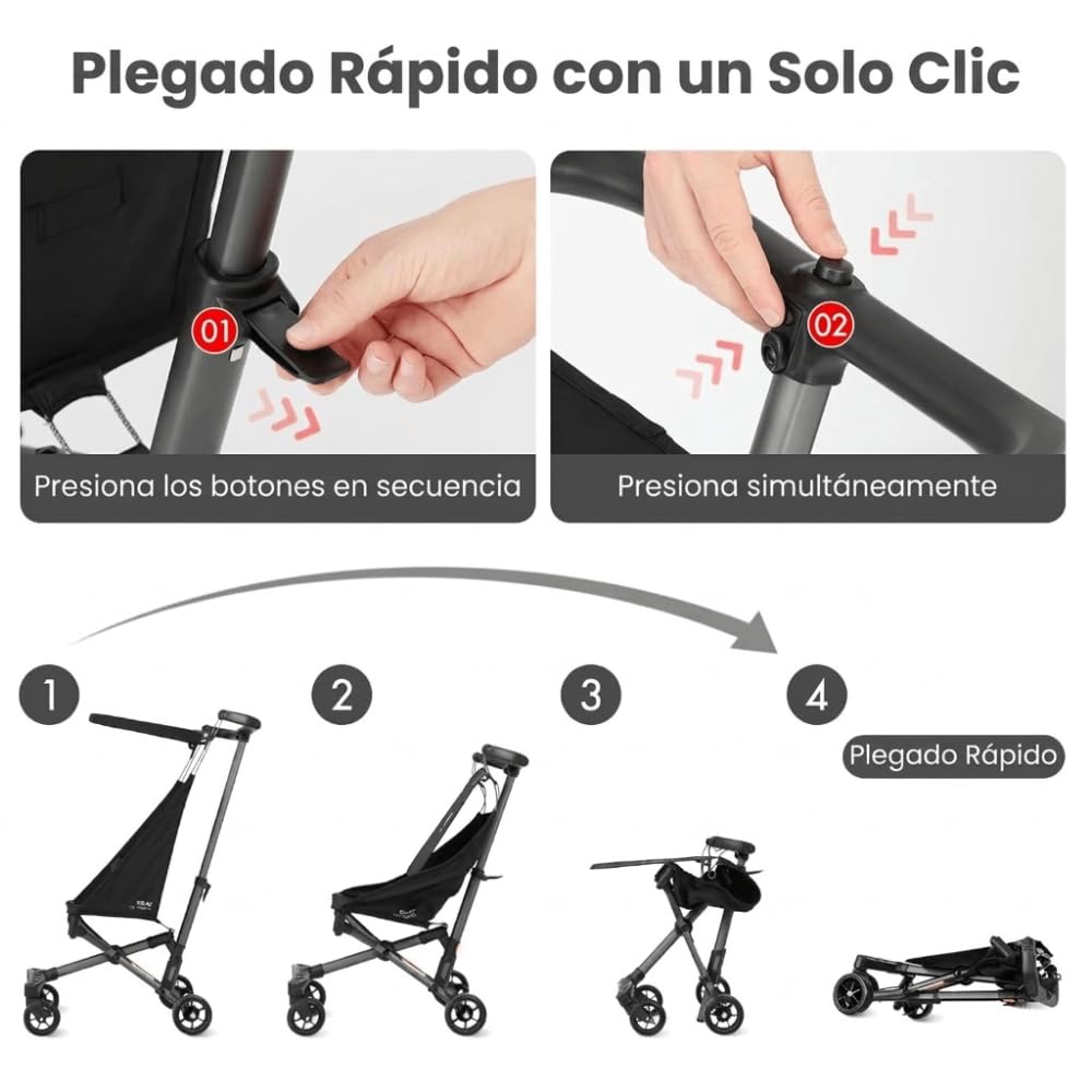 QPlay Silla de Paseo City Ultraligera | Carrito Plegable y Portátil 2.8 kg con Capota, Ruedas con Suspensión, Arnés de 5 Puntos y Marco de Aluminio | Para Niños de 6 a 36 Meses – 78x40.5x91 cm