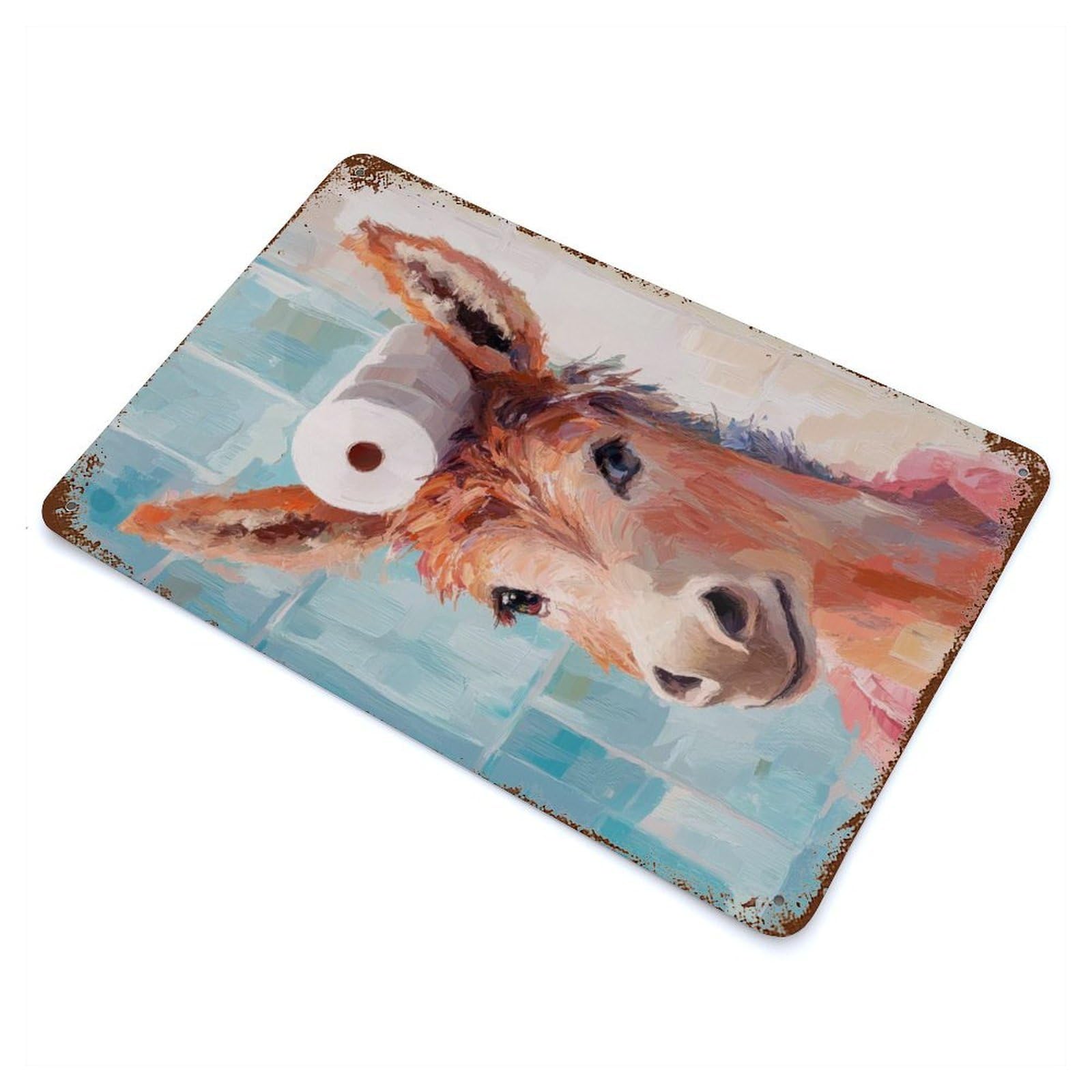 Aged Metal Wall Plaque with Donkey with Toilet Paper Design 11.8"x7.9", for Farmhouse, Kitchen And Entryway Decor, Retro Wall Decor