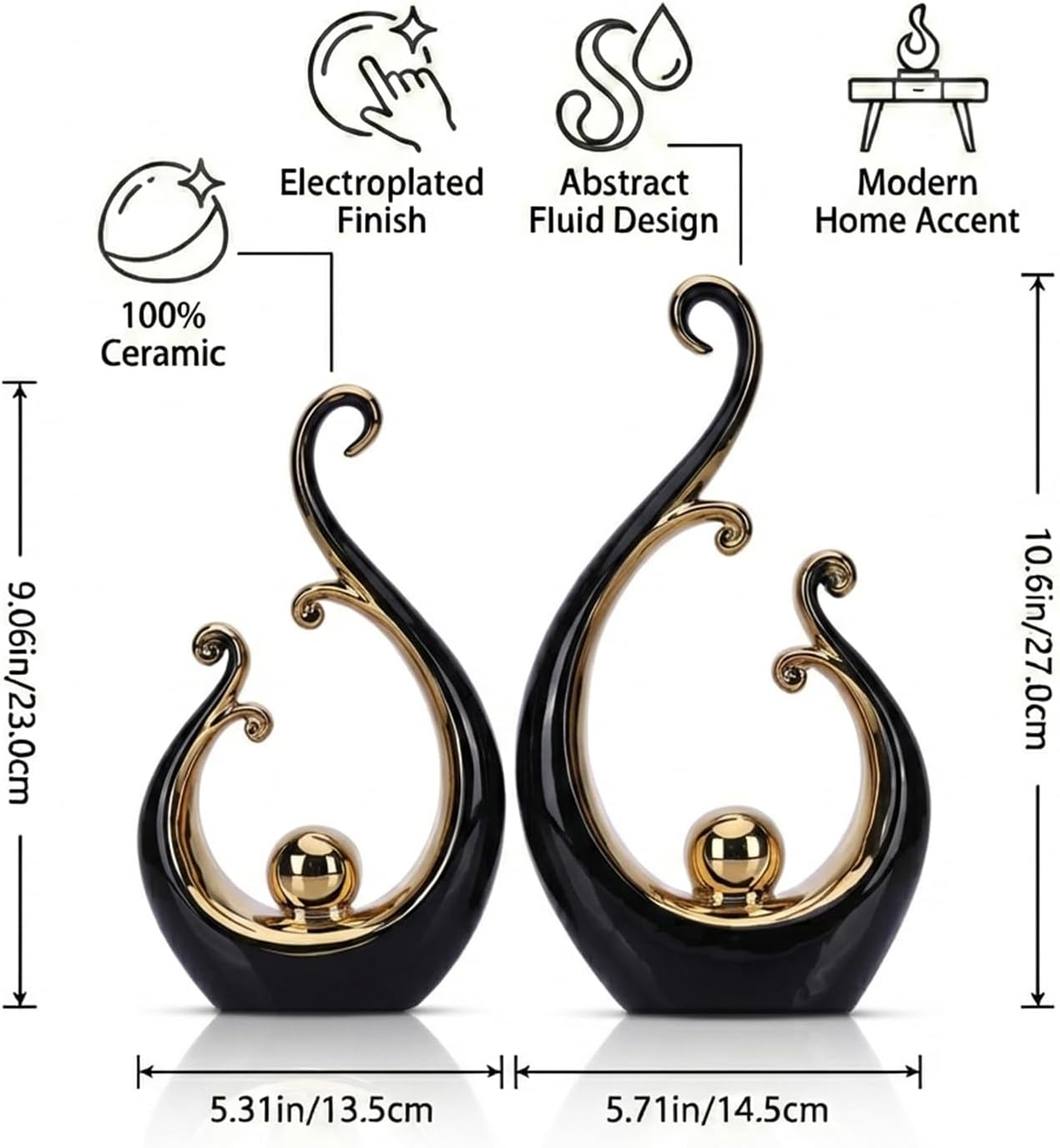 LCCCK Glossy Black and Gold Decor Ceramic Statue, Modern Abstract Sculpture Art for Luxury Centerpiece - Shelves Bookshelf&Dining Table Decorations, Entryway Coffee Table Tv Stand Home Decor