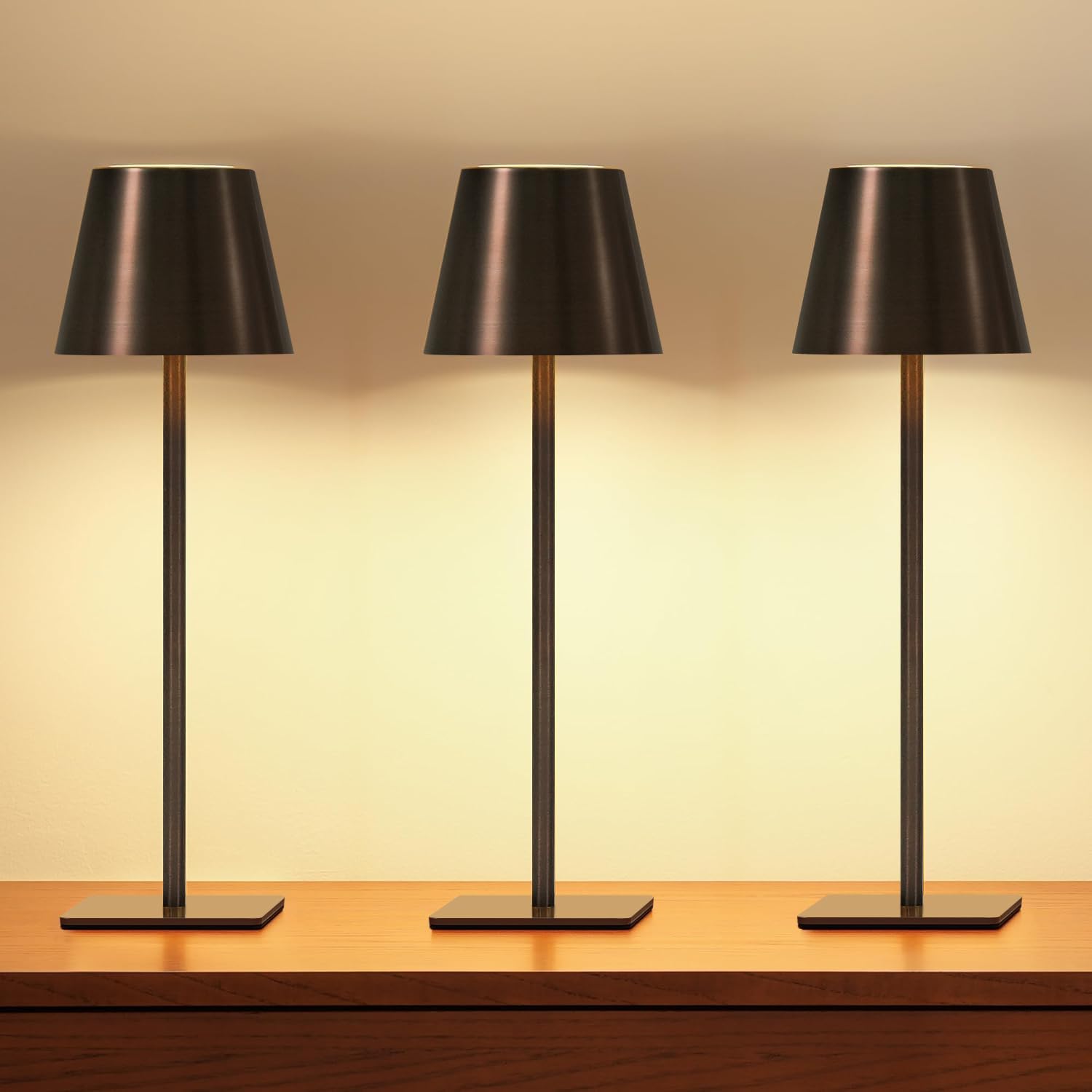 UME 3 Pack Cordless Table Lamp, Battery Operated Lamp - Portable Waterproof Rechargeable Table Lamp w/ 3 Color Temps &amp; Stepless Dimming for Dinner, Desk, Cafe, Outdoor (Brushed Bronze | Coffee Tonal)