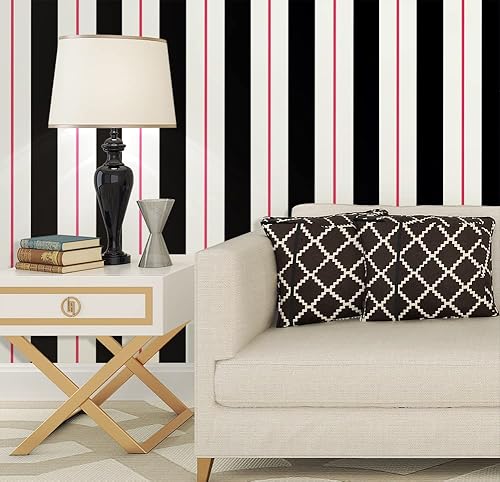 Miniatura 2 de Papel de contacto a rayas para despegar y pegar, papel tapiz a rayas de 17.7 pulgadas x 9.8 pies, color rojonegro, removible para decoración de