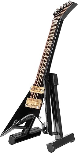 Miniatura 7 de Guitarra eléctrica en miniatura de madera, mini instrumento musical negro, modelo de guitarra de casa de muñecas en miniatura con soporte y estuche