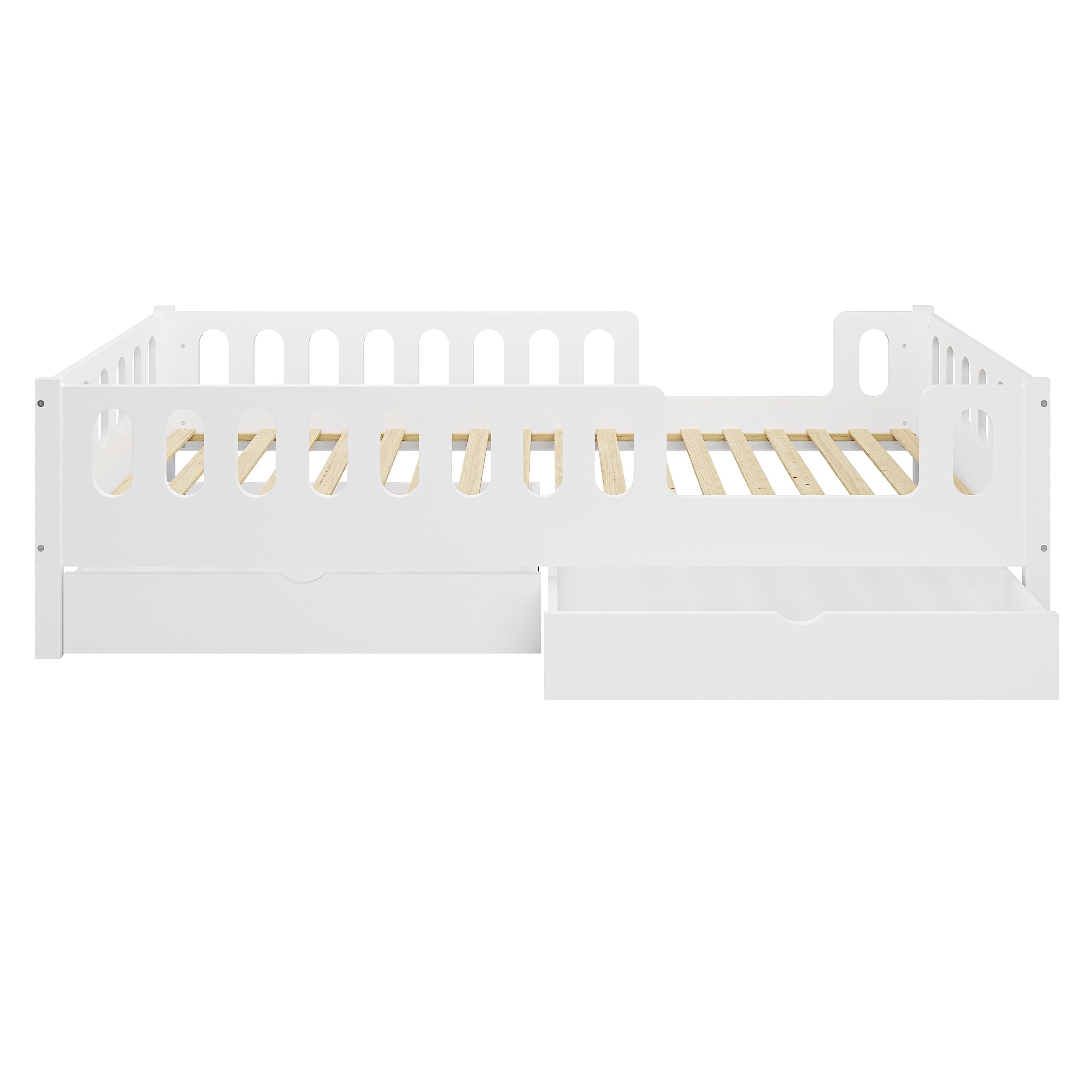 LARS 2 in 1 Letto per bambini Letto per ragazzi 200x90 cm - Bianco, 2 cassetti, Protezione antiribaltamento rimovibile, Convertibile in Letto Junior, Design Montessori, Legno massello, Include doghe