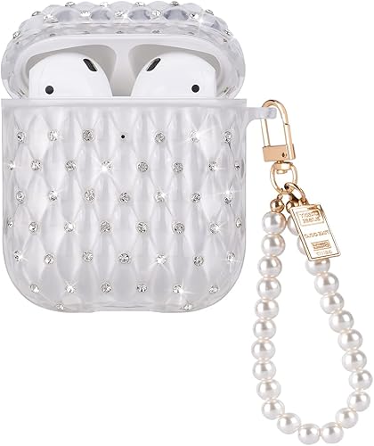 Funda con diseño de diamante con purpurina para AirPods 12 con cadena de perla, cubierta protectora de cristal transparente brillante para Airpod de