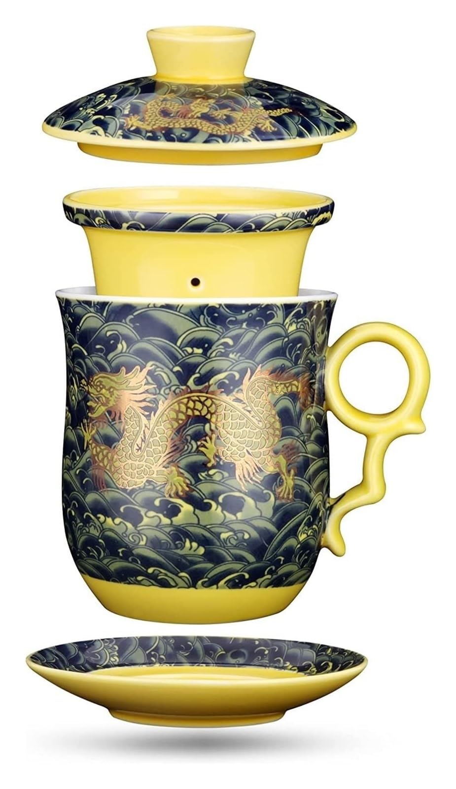 Ceramic Mugs Cup C Teacups,bowls,Chinese Dragon Pattern Tea-Mug Kit With Strainer Infuser And Lid And Saucer Ceramic Tea Mug Chinese Porcelain Personal Tea Cup 12.3oz(0.08 Gal) For Father's Day Birthd