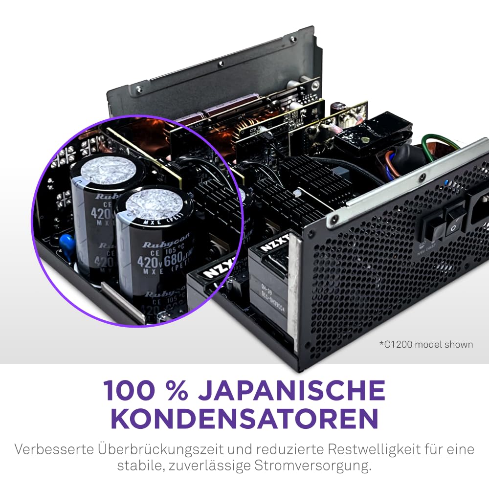 NZXT C1200 Gold ATX 3.1 - Vollständig modulares, geräuscharmes PC-Gaming-Netzteil - 1200 Watt - 80 Plus Gold - 12V-2x6-Anschluss - Zero Fan-Modus - 100% japanische Kondensatoren - Schwarz