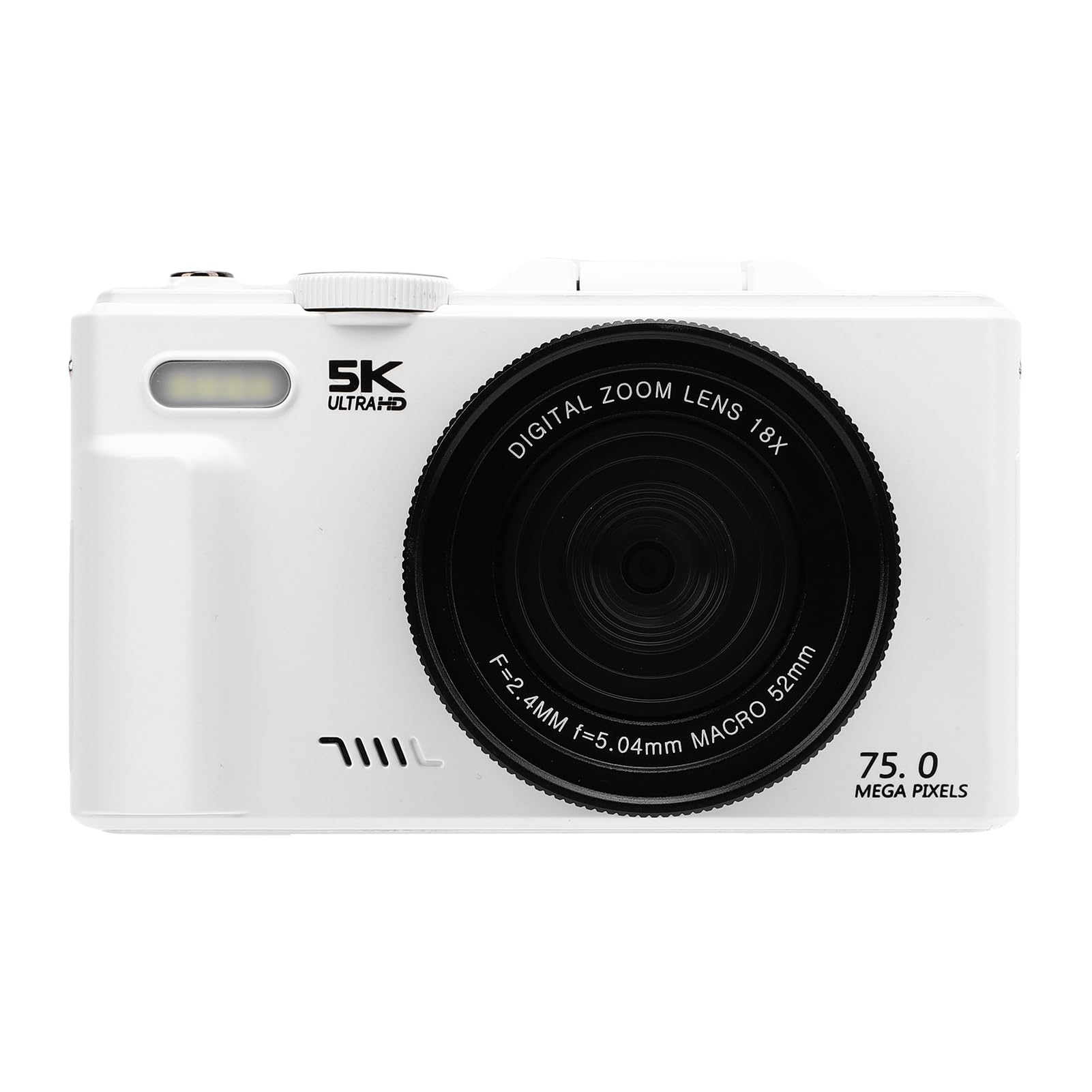 Cámara Digital 5K, Cámara Vlog WiFi con Zoom de 75MP 18X, de Viaje con Pantalla Abatible de 3 Pulgadas y 180 Grados, Luz LED para Fotografía de Vlogging Selfie de Viaje (White)