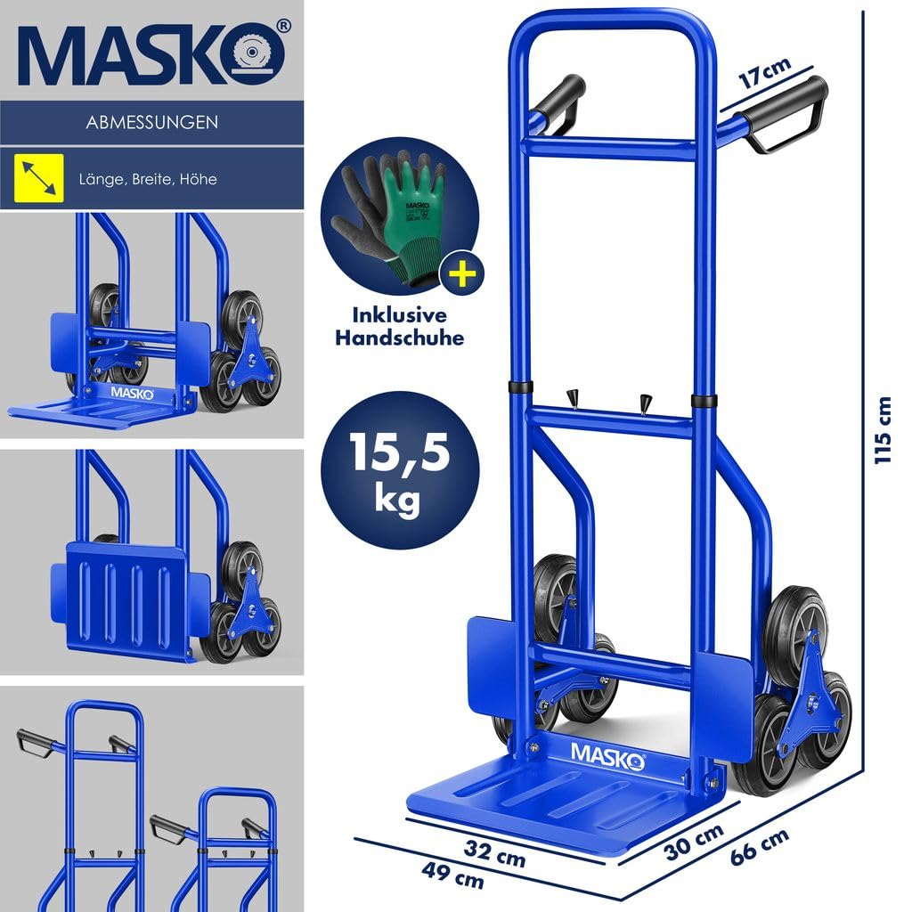 MASKO® Diable pour escaliers Pliable, 200kg, Pneus en Caoutchouc Dur | Poignées en Plastique | Cadre en Acier - Bleu