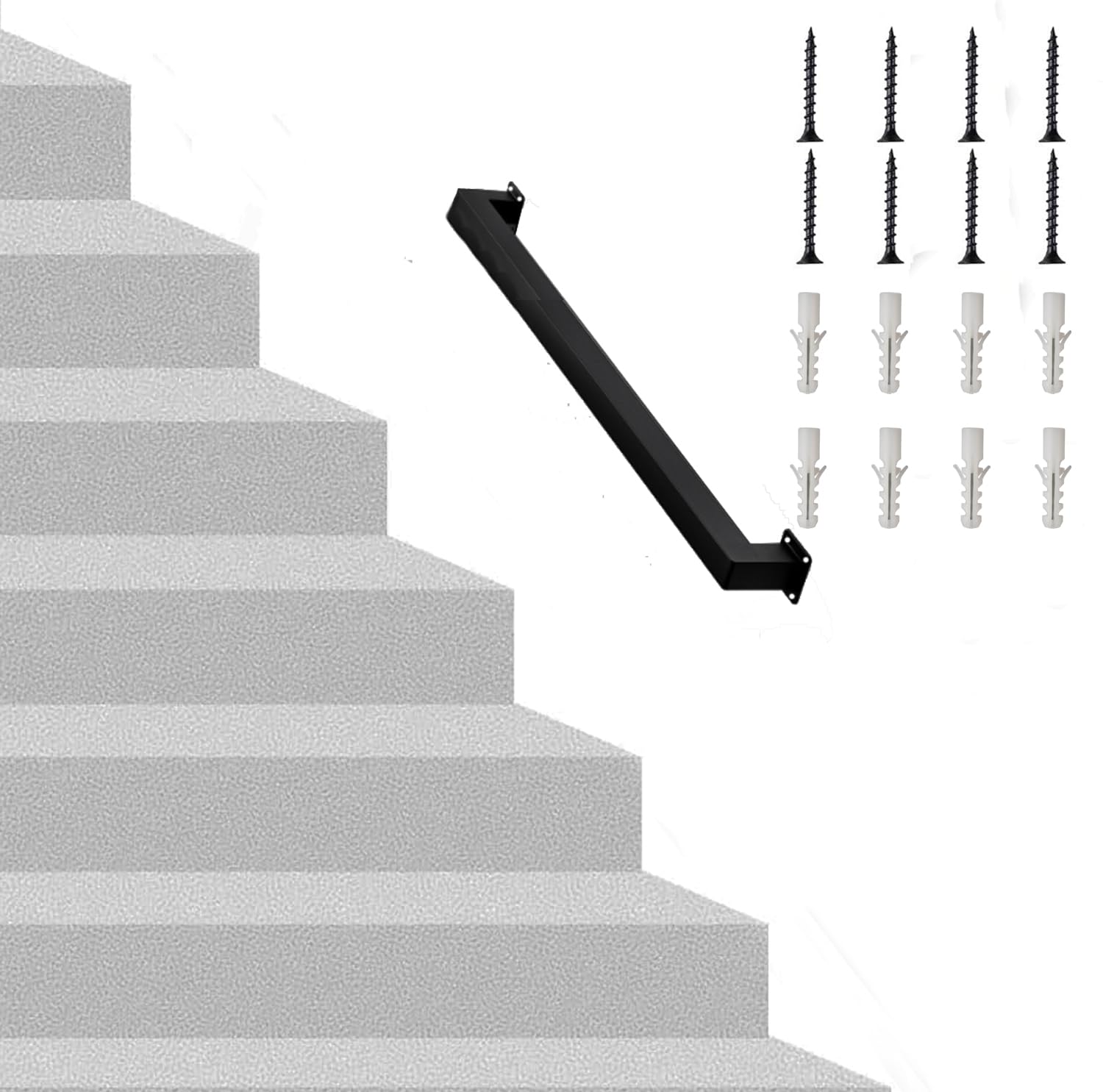 3FT Square Stair Railing Indoor, Black Wall Mount Handrail for Staircase, 440lbs Load Capacity Non-Slip Metal Handrail, Heavy-Duty Carbon Steel Grab Bar for Steps and Porch
