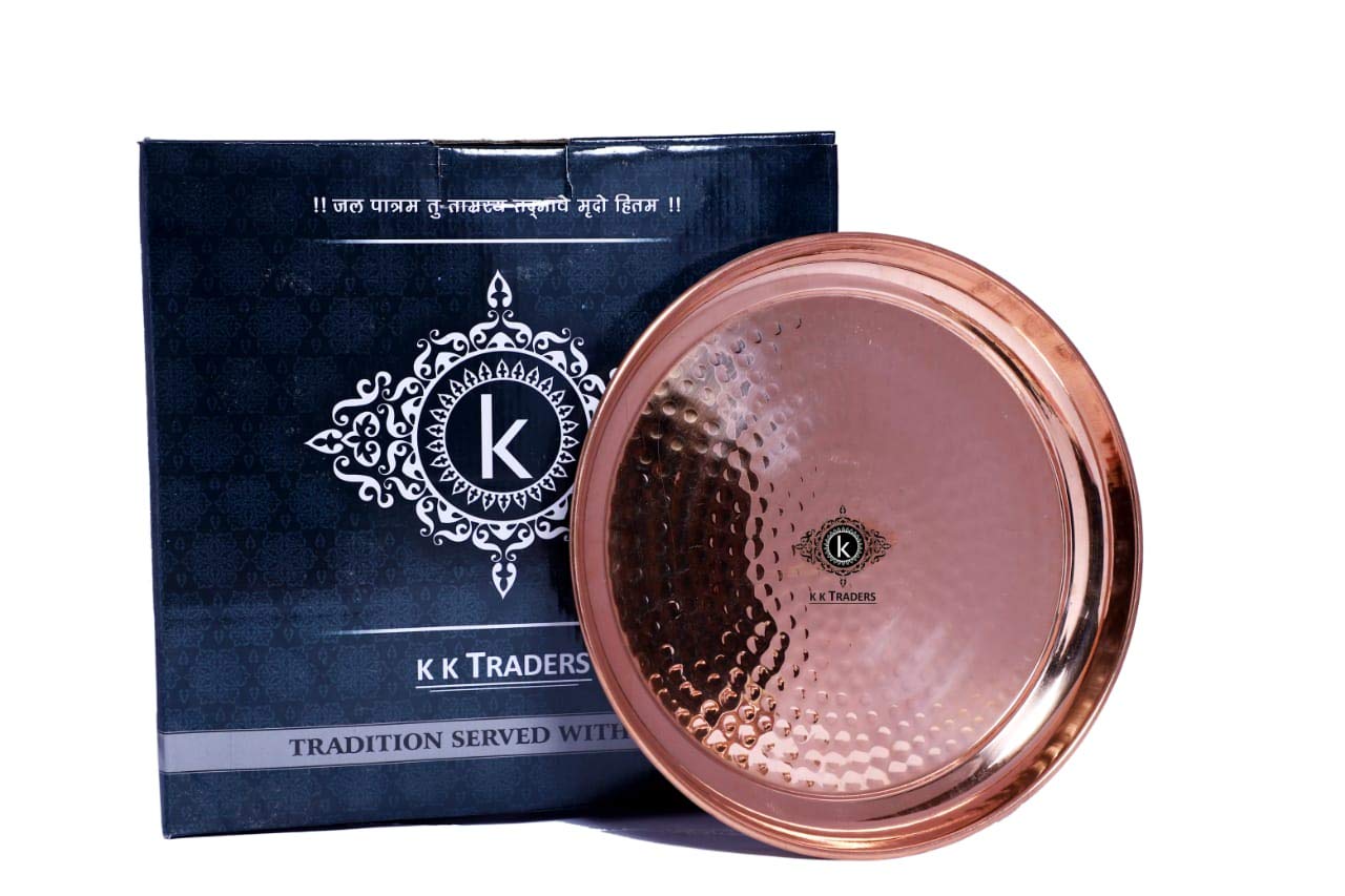 K K Traders KK Once Copper Pure Copper Hammered Dinner THALI, Traditional Indian Style, 100% Pure Copper - 12-inch