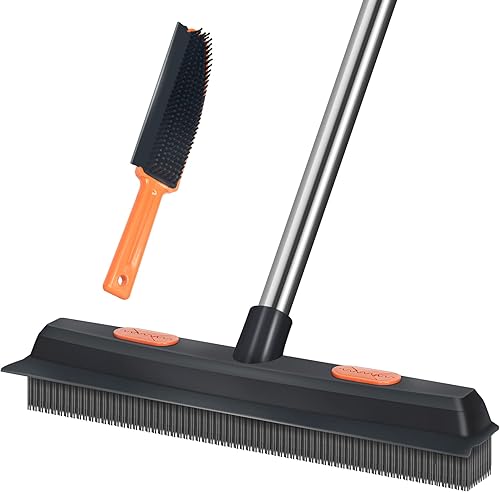 LandHope Rastrillo de alfombra para removedor de pelo de mascotas, mango largo con escoba de goma, cepillo de alfombra, cerdas antiarañazos,