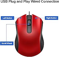 Vista 5 de Ratón de computadora USB con cable con diseño ergonómico, ratones de computadora USB para computadoras portátiles y PC, oficina y hogar (negro, rojo)