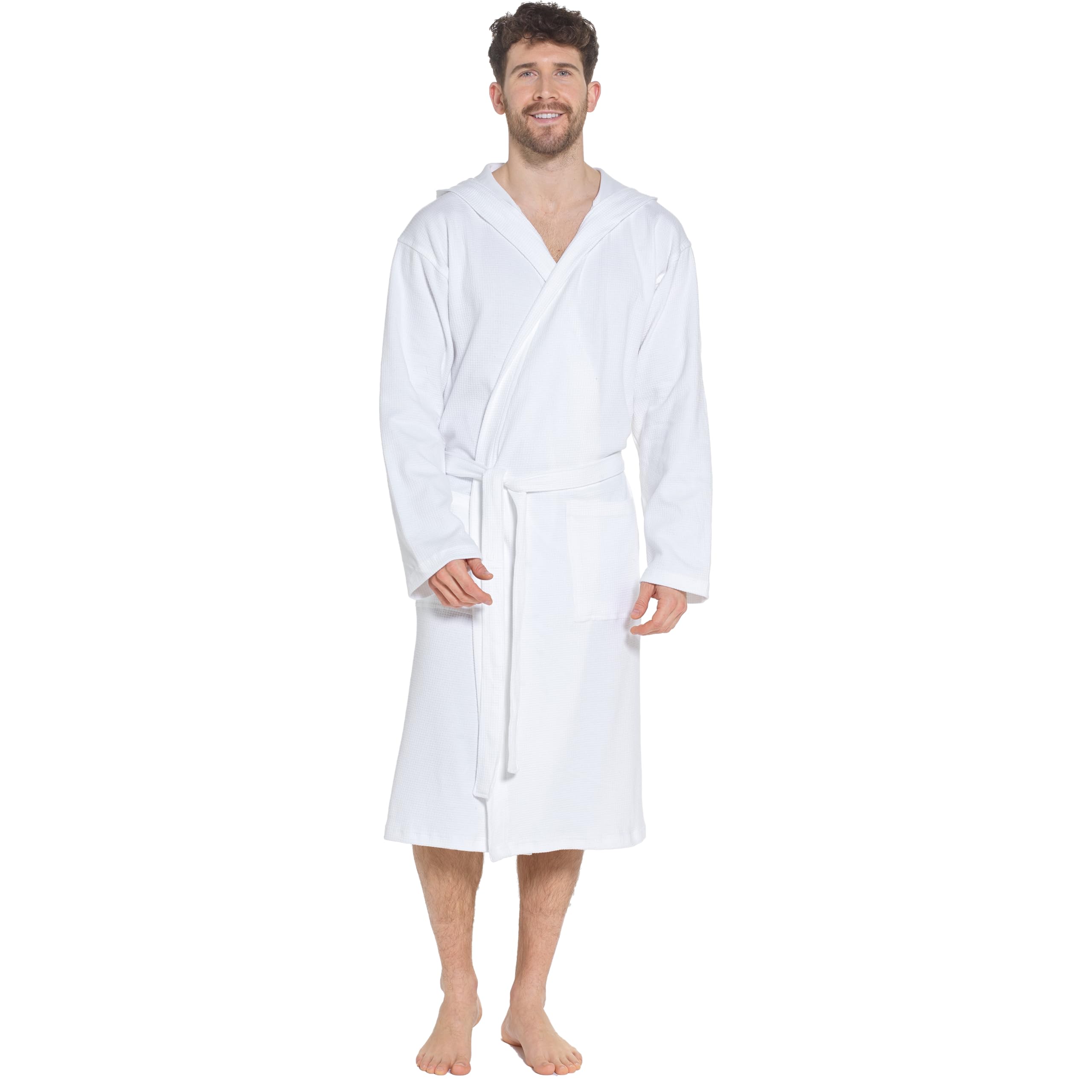 Sock Stack Men's White Hooded Waffle Robe Dressing Gown Bathrobe For Super Absorbent Cotton Robes Spa Perfect For Home & Loungewear, L/Xl