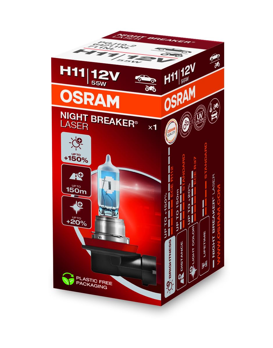 OSRAM NIGHT BREAKER LASER H11, +150% more brightness, halogen headlight lamp, 64211NL, 12V, folding box (1 lamp)