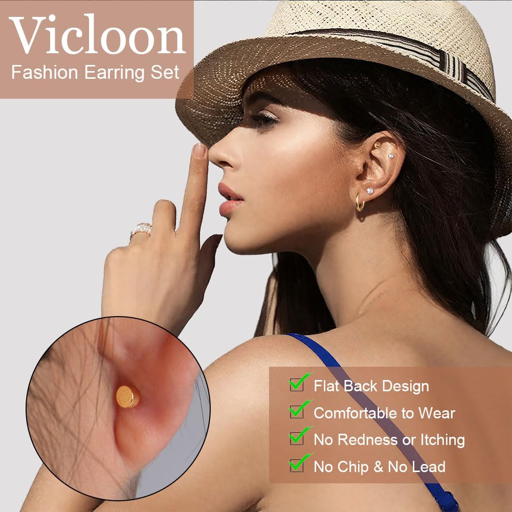 Vicloon Orecchini Acciaio Chirurgico, 9 Paia Set di Orecchini a Bottonecon Retro Piatto Orecchini a Cerchio Cartilagine Ipoallergenica Cartilagine Helix Piercing Orecchio Set Orecchini Donna