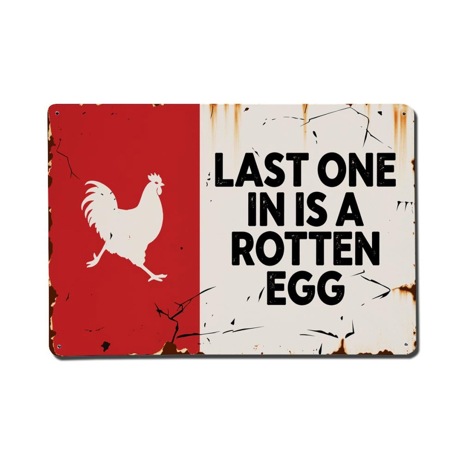 Red Background White Rooster Text Last One In Is A Rotten Egg Tin Sign Vintage Metal Poster, Home Bar Garage Man Cave Cafe Indoor & Outdoor Wall Decoration 8x12Inches