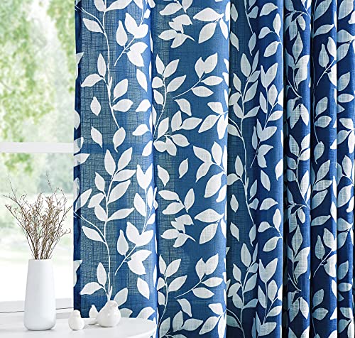 Image of Royal Blue Semi Sheer Curtains for Sliding Glass Door 100 inchx 84 inch Extra Wide Glass Door Curtain Panels Linen Textrued White leaf Pattern Curtain Dripes for Living Room Window Draperies Grommet 1pcs