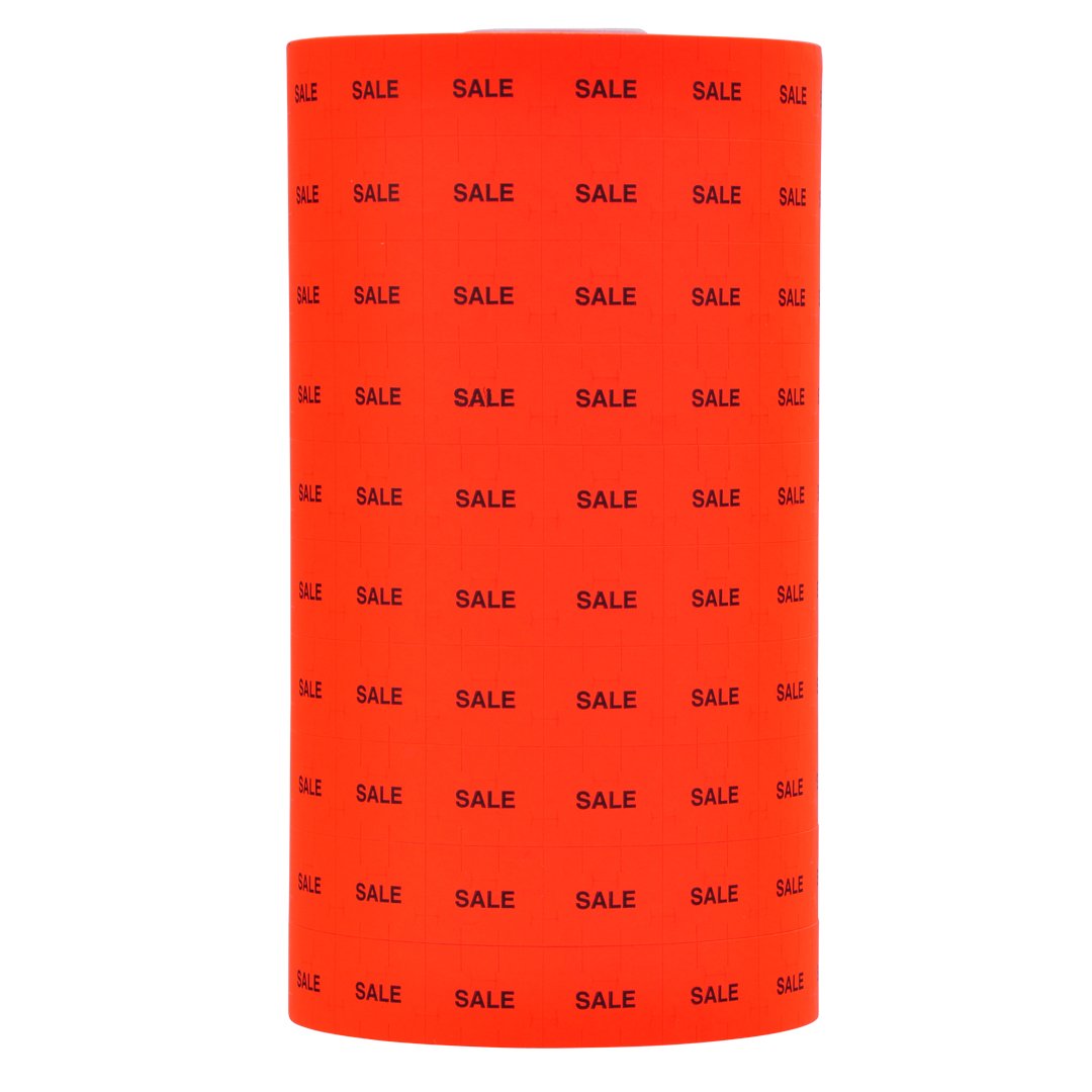 Black Print on Fluorescent Red"SALE" Pricing Labels to fit Monarch 1115 Pricers. 10 Rolls with 1 Free Ink Roller.