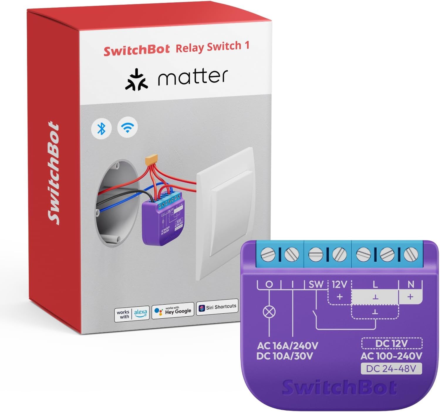 SwitchBot WiFi Switch Compatible with Alexa/Apple Home/Google Home/Matter (Hub Required), Power-Measuring Relay Switch Module with Integrated Bluetooth Repeater and Dry Contact, 2.4 GHz, 16 A