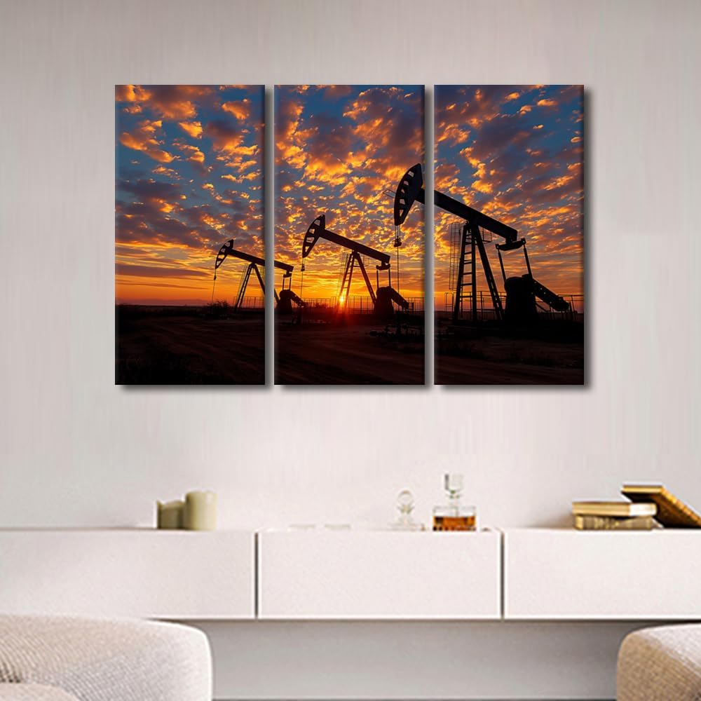 Canvas Wall Art Silhouette of Crude Oil Drilling Machine Sunset Background Pictures The Silhouette of the Beam Pumping Unit Print on Canvas for Home Office Wall Decoration Ready to Hang 60x40 in 60x40 in Artwork-21