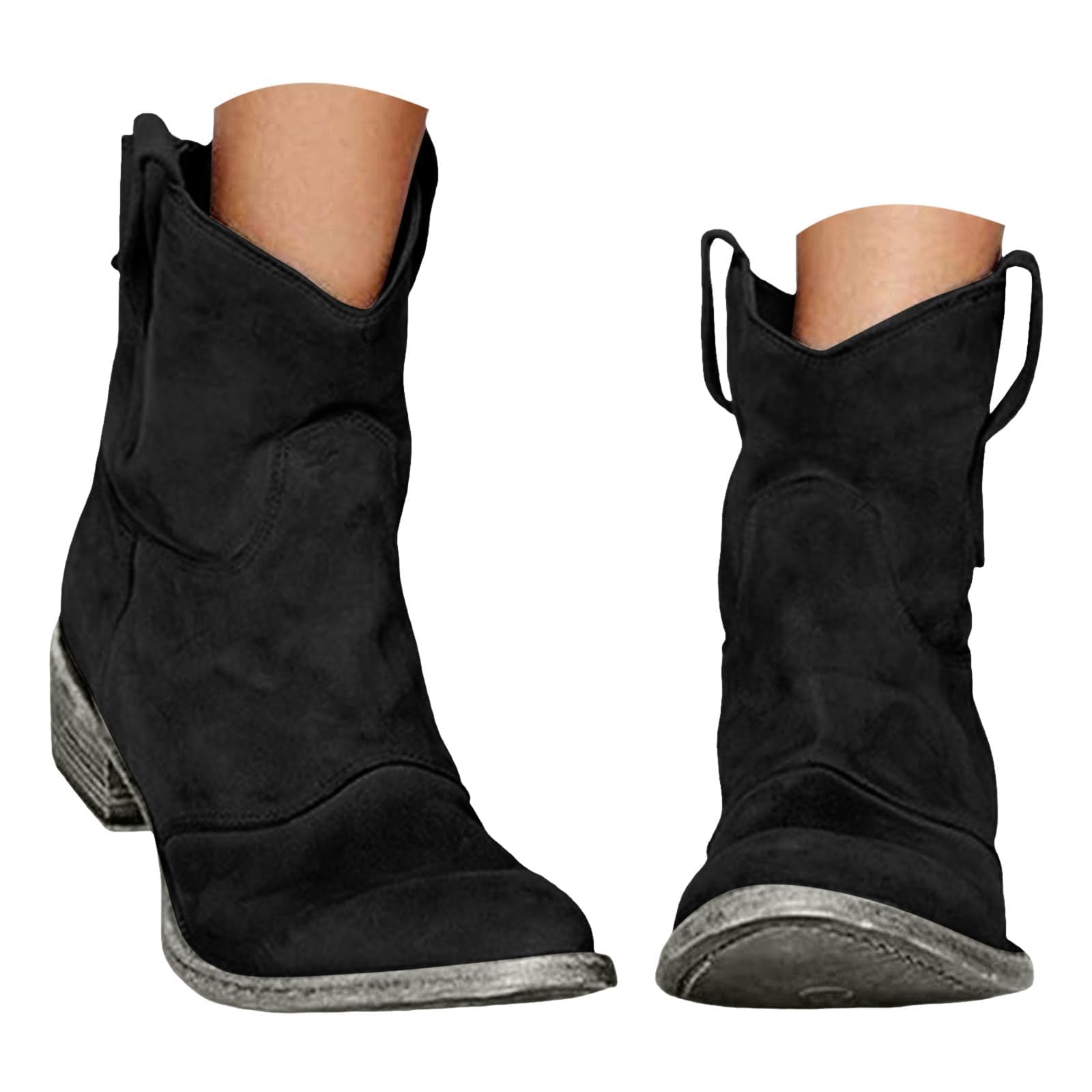 Cowboy Boots For Women Wide Calf Slouchy Low Heel Ankle Boot Suede Chunky Round Toe Short Boots Slip