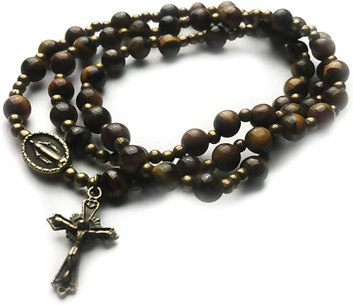 Pulsera de Rosario Católico con Piedra de Ojo de Tigre para Mujer - Rosario - Regalos Católicos - Rosarios Catolicos, Ajustable, Piedra