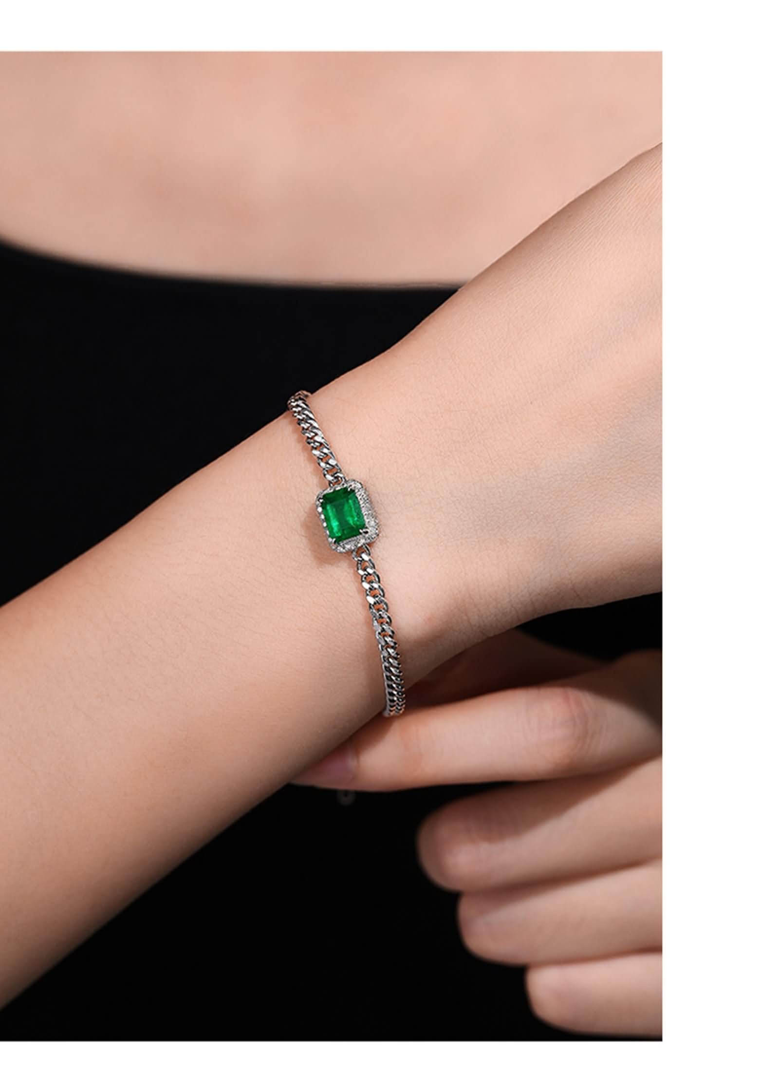 Pulseras para mujer de oro blanco de 9 quilates con esmeralda de 1,4 quilates y diamante, pulseras de joyería para novia de 20 + 3 cm