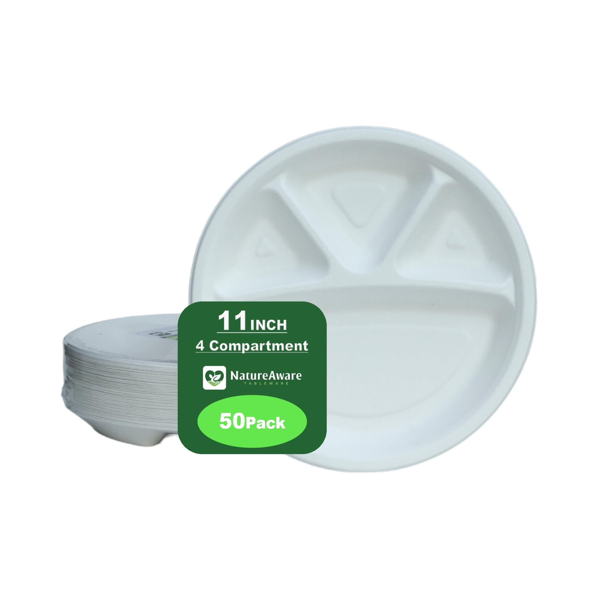 Platos redondos de papel blanco de alta calidad de 11 pulgadas con 4 compartimentos [paquete de 50] -100% compostables y ecológicos, desechables, resistentes, sin PFAS, hechos de bagazo de