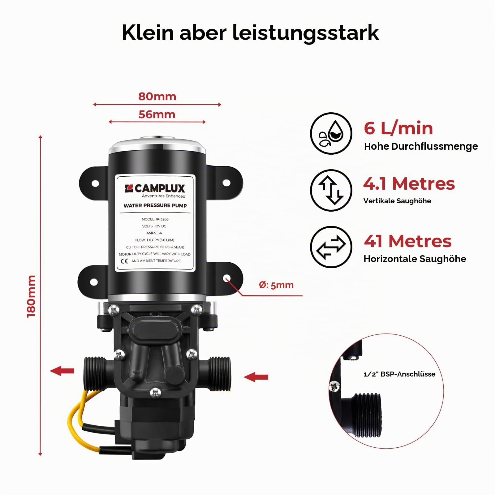 CAMPLUX 12V Wasserpumpe 6L/min, Selbstansaugende Druckwasserpumpe, für Wohnwagen, Boot, Heißes Wasser System, 4.5 Bar/ 65 PSI Schwarz