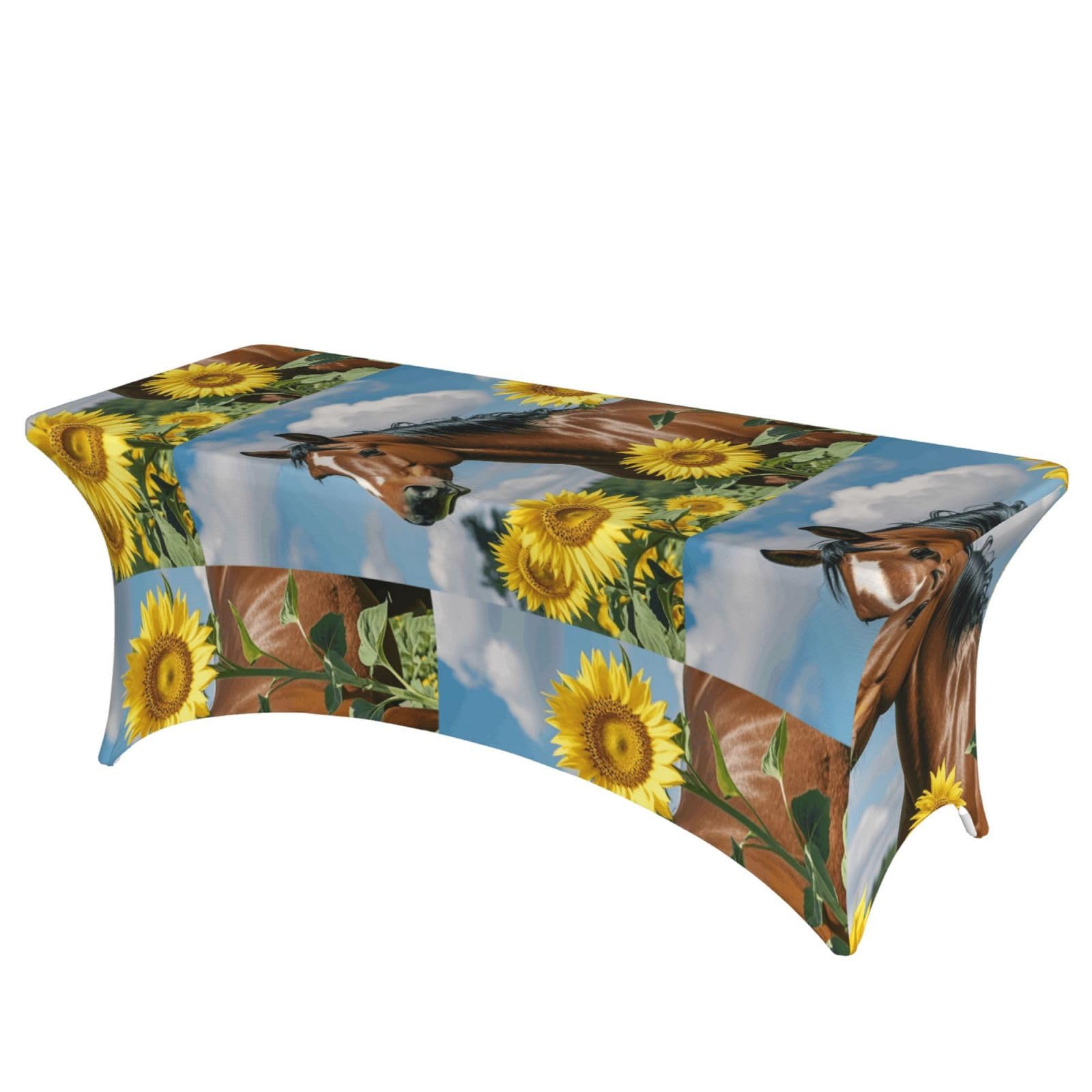 LMNGH Horse and Sunflower Decorative Tablecloth Protector for Wedding, Banquet & Parties6FT Spandex Rectangle Tablecloths, Stretch Washable Table Cloth Wrinkle Free Patio Table Cover