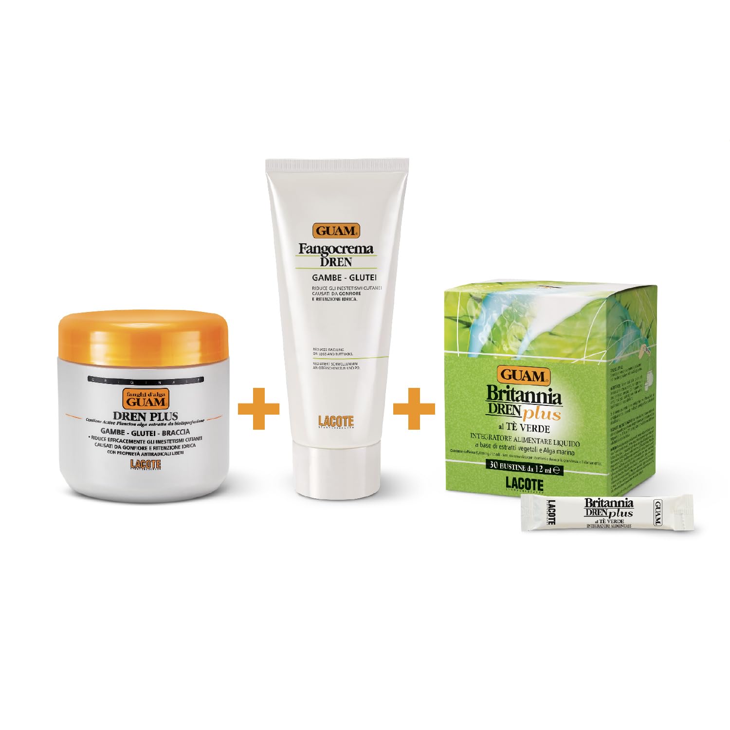 Guam, Algenfango Guam Dren Plus Convenience Set, Behandlung mit Algenfango Guam Dren Plus 500 gr + Schlammcreme Dren 200 ml + 30 Sachets Britannia Dren Plus Nahrungsergänzungsmittel, Made in Italy