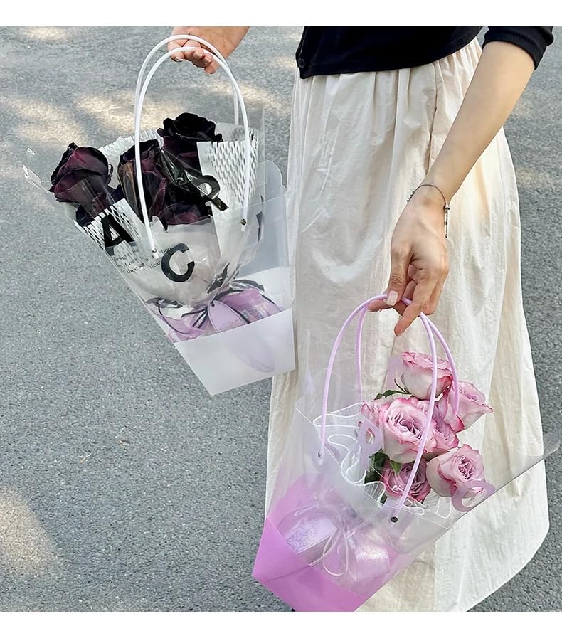 Image of Oasis Pack Of 10 Multipurpose Medium Size Waterproof Bags With Handles For Floral Arrangement - Retail ,Bulk, Florist Supply, Gift Hamper Bags For Rakhi, Birthday, Diwali, House Warming, Party Favour | 26 cm X 24cm X 12cm - Transparent Dual Color Green