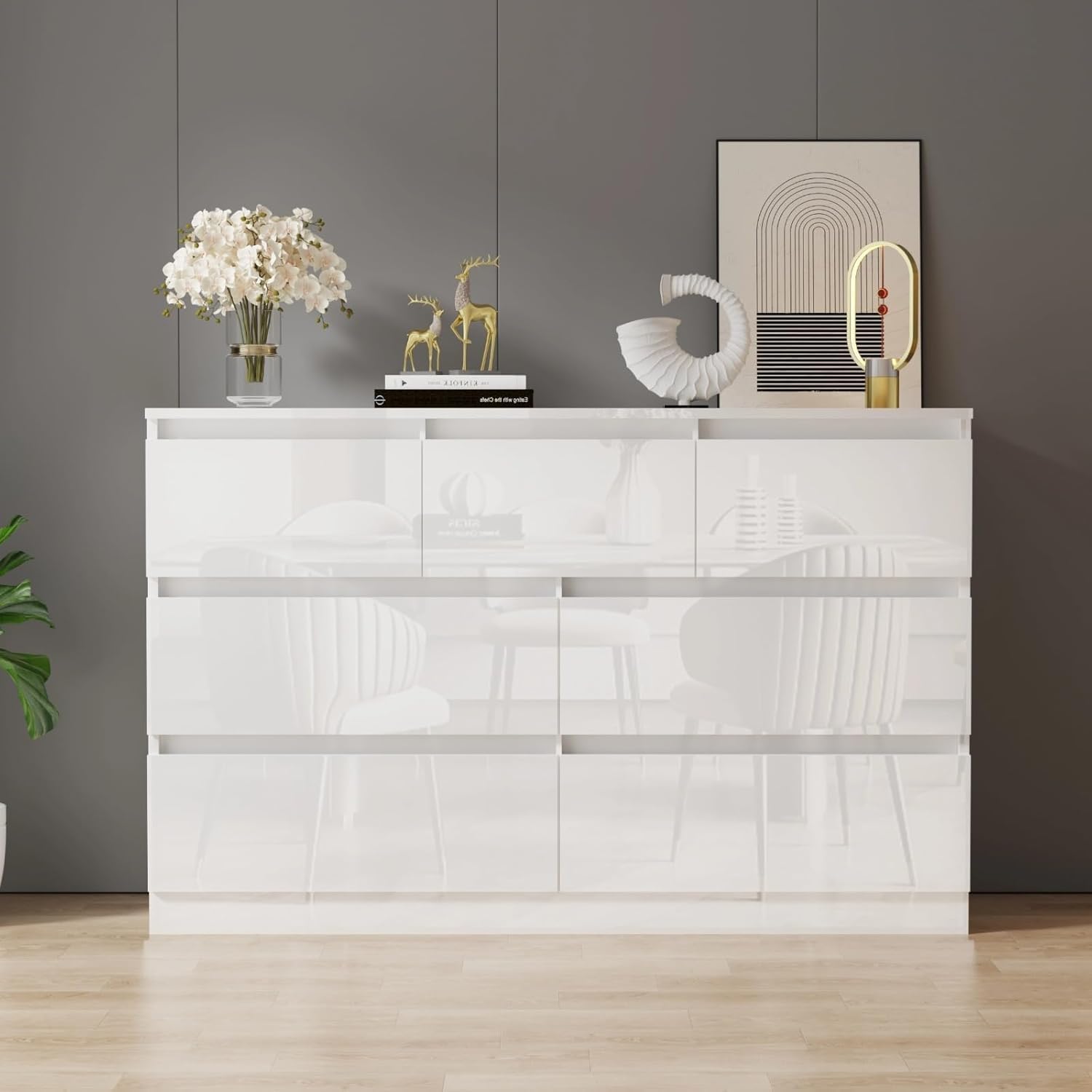 LSLIFE Weiße Kommode mit 6/8 Schubladen Hochglanz Schlafzimmerschrank Nachttisch Sideboard Stauraum Möbel für Wohnzimmer Büro Flur (7 weiße Schubladen)