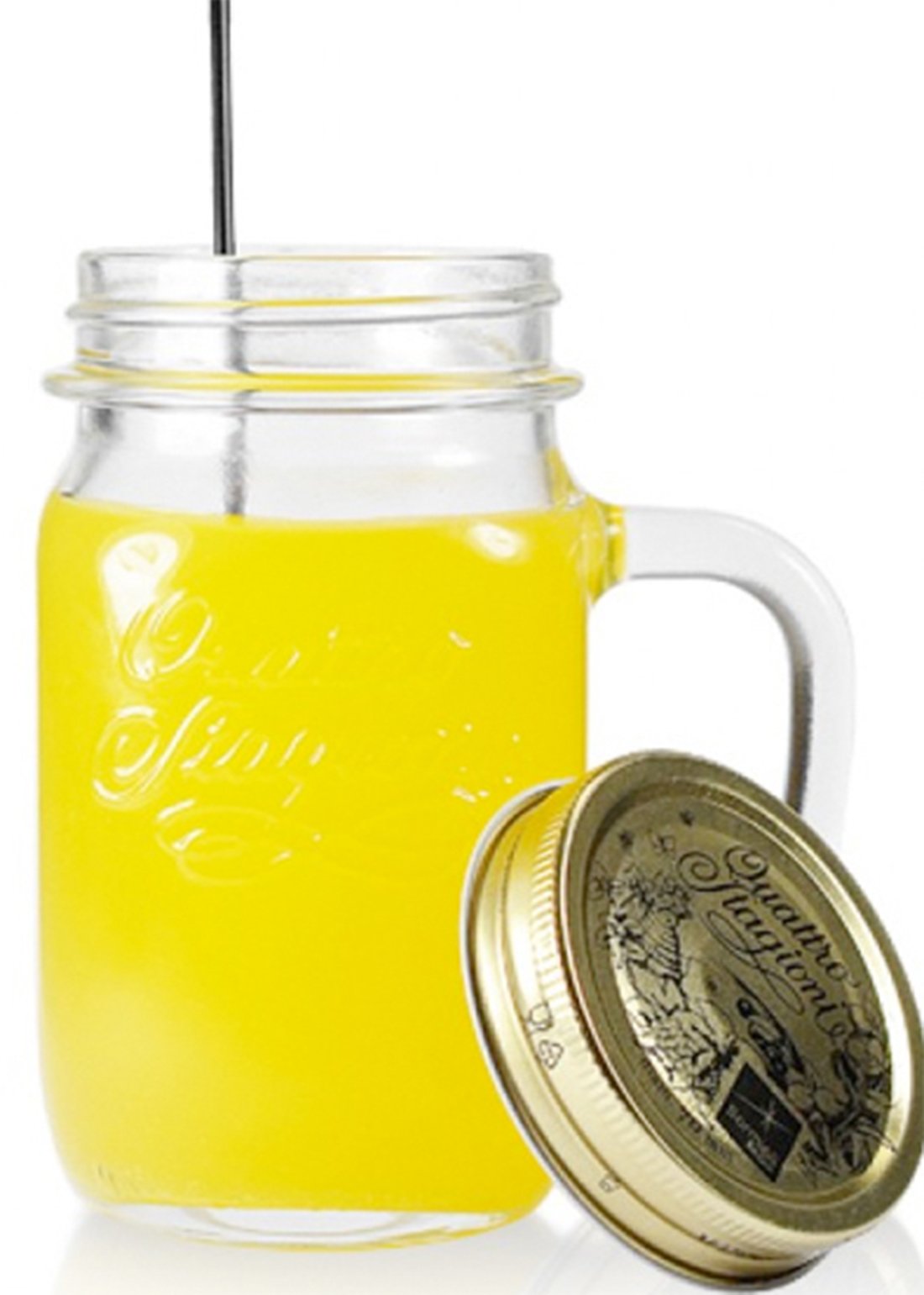 Bormioli Rocco Set 4 Barattoli Cocktail 400 ml con Manico e Coperchio Oro - Bicchieri in Vetro per Drink, Birra, Tè Freddo - Lavabili in Lavastoviglie - Made in Italy