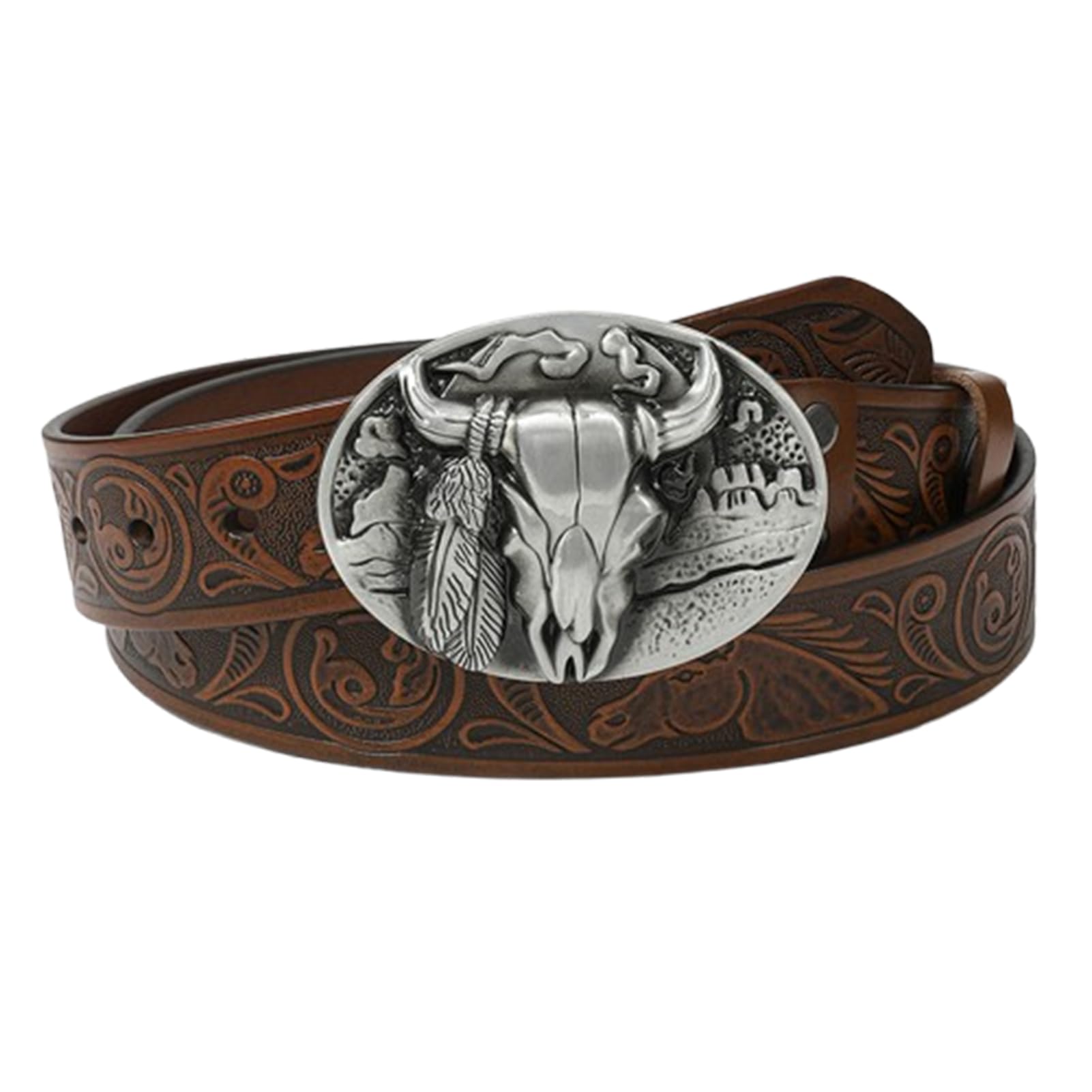 Cintura Da Uomo In Pelle Di Vacchetta Goffrata, Fibbia Ovale Con Teschio Toro Western Vintage, Cinturino Cowboy Incisione Floreale