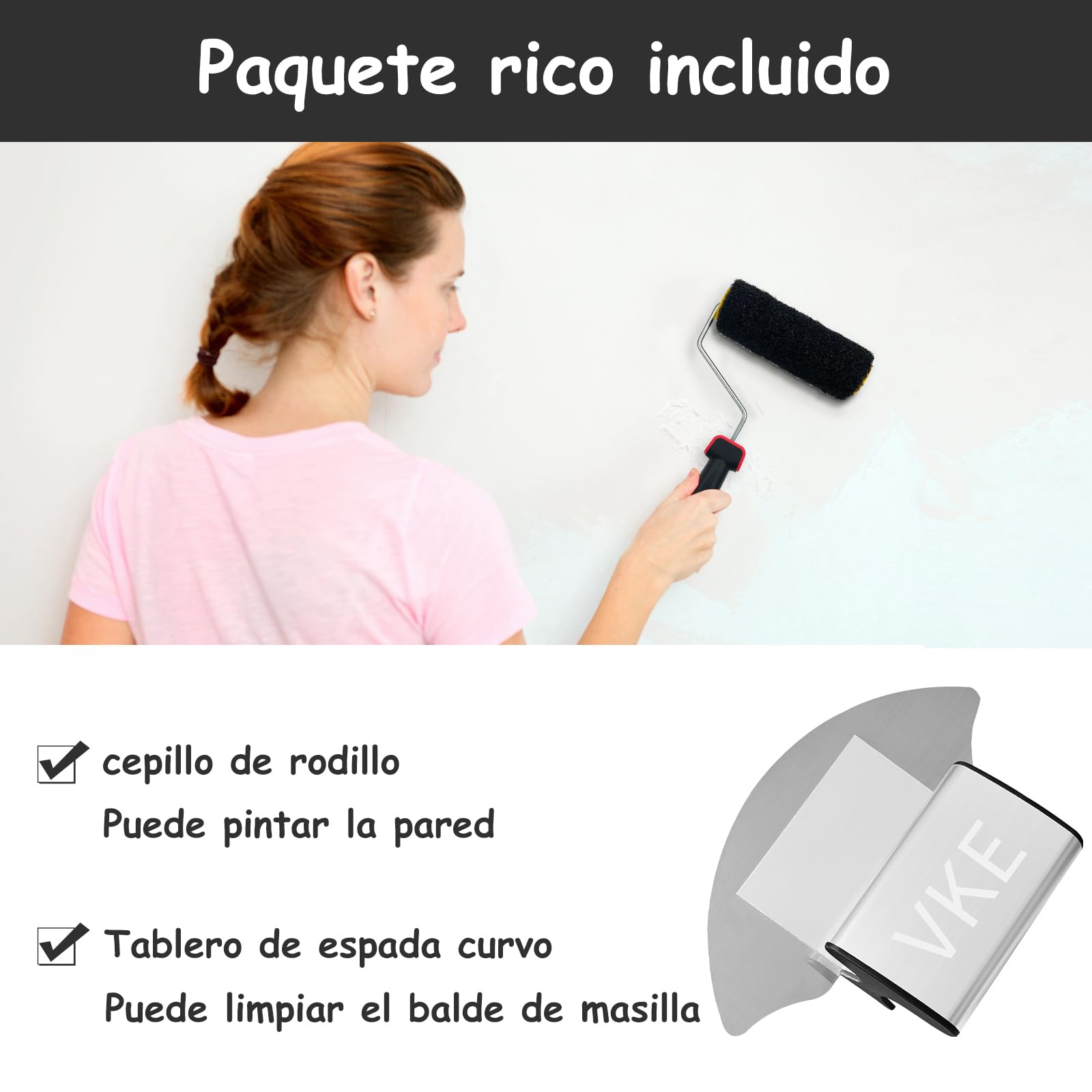 VKE Juego de Espatulas 30/50/80 cm con Cuchillas intercambiables y Maletín | Mango de Aleación de Aluminio con Pértiga Telescópica de 2,1 m y Cepillo de Rodillo para Enlucir Paredes y Techos